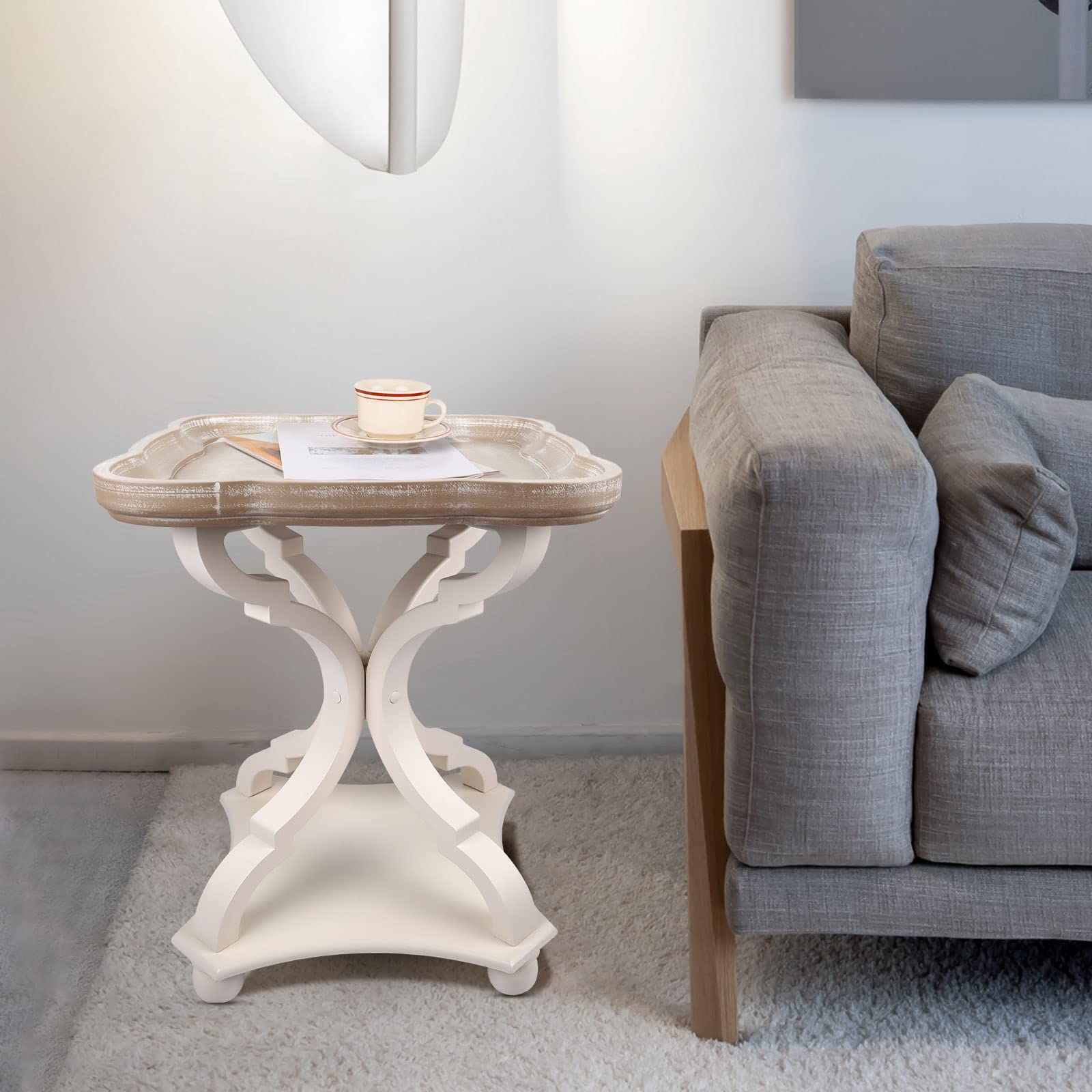 Rustic Farmhouse End Table - French Country Pedestal Accent Table with Natural Square Tray Top & White Wood Legs - Sofa Coffee Side Table Nightstand for Bedroom, Living Room, Dining Room - Perfect for Farmhouse Decor, Coffee Table Display & Bedside Storage (25