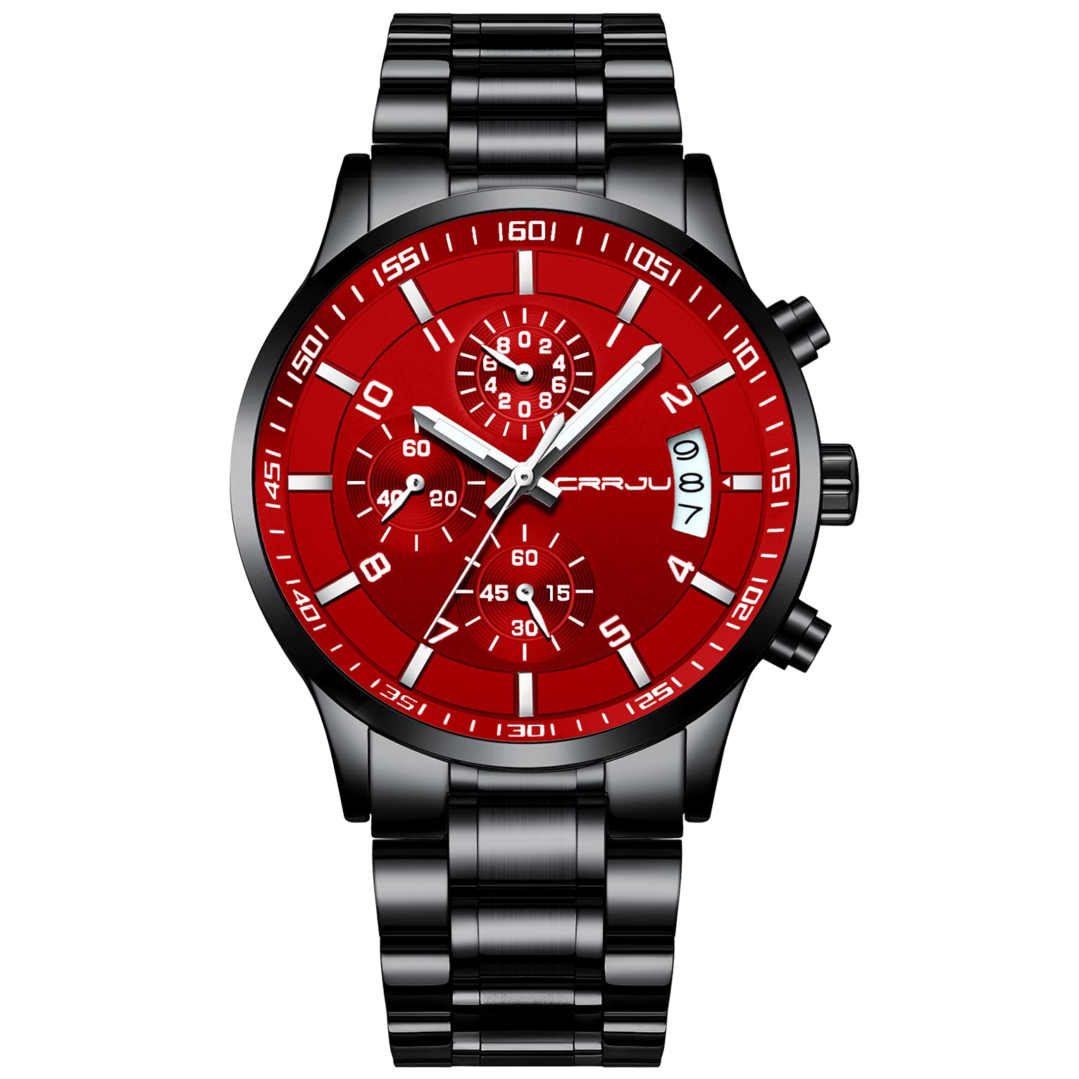 CRRJU Men's Stainless Steel Chronograph Watch with Date Display - Waterproof Wristwatch for Business, Casual & Outdoor Activities - Durable Steel Band for Everyday Wear