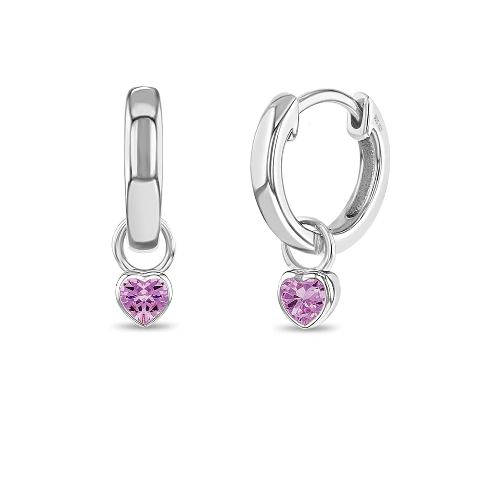 925 Sterling Silver Petite Simulated Birthstone Heart Charm Hoop Earrings for Girls | 12mm Cubic Zirconia Stud Earrings | Dainty Birthstone Jewelry Gift for Teens & Young Girls | Perfect for Birthdays, Valentine's Day & Everyday Wear