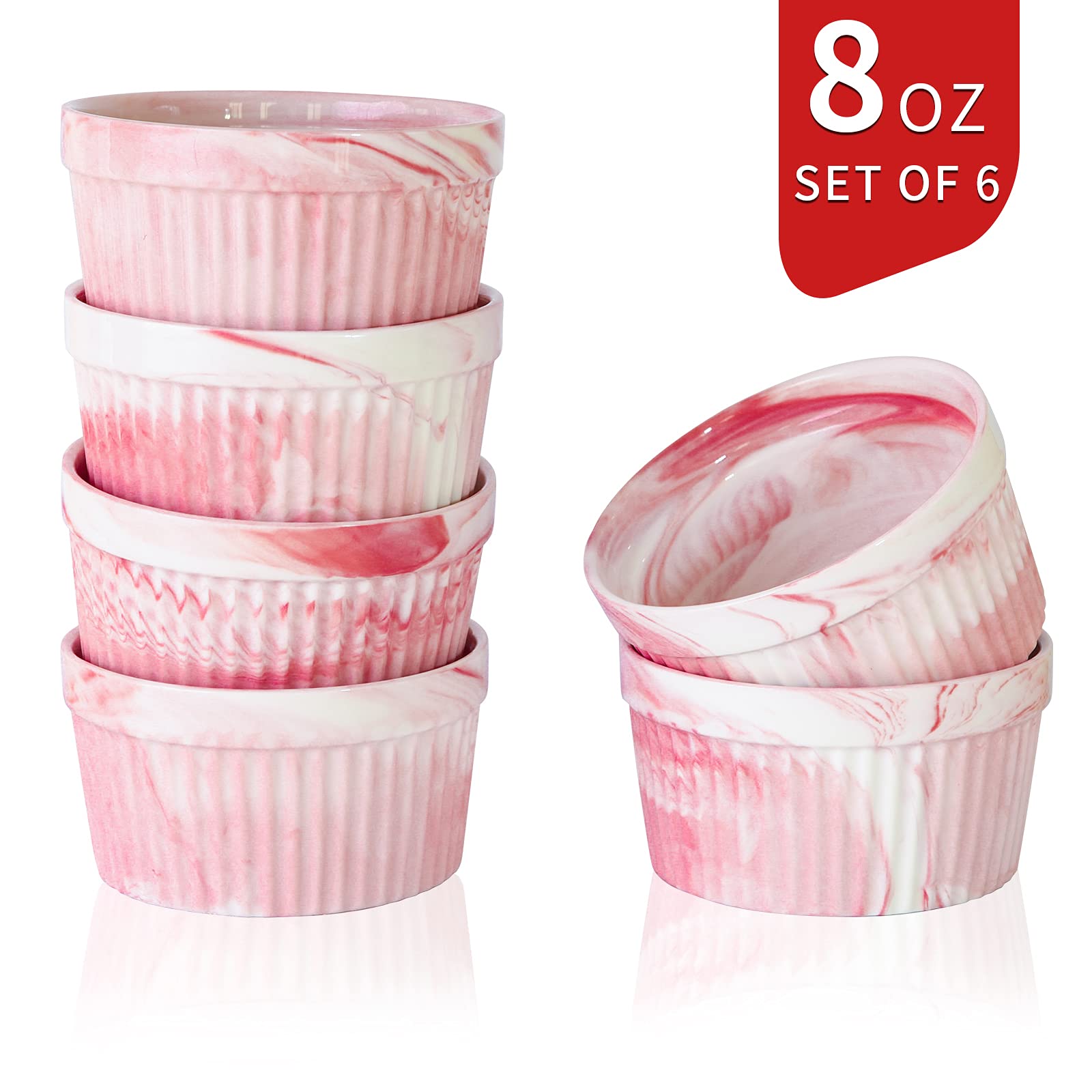Yundu 8oz Pink Marble Ceramic Ramekins - Oven Safe Baking Bowls for Creme Brulee, Souffle, Desserts (Set of 6) | Perfect for Home Baking, Kitchen Decor & Elegant Dinner Parties
