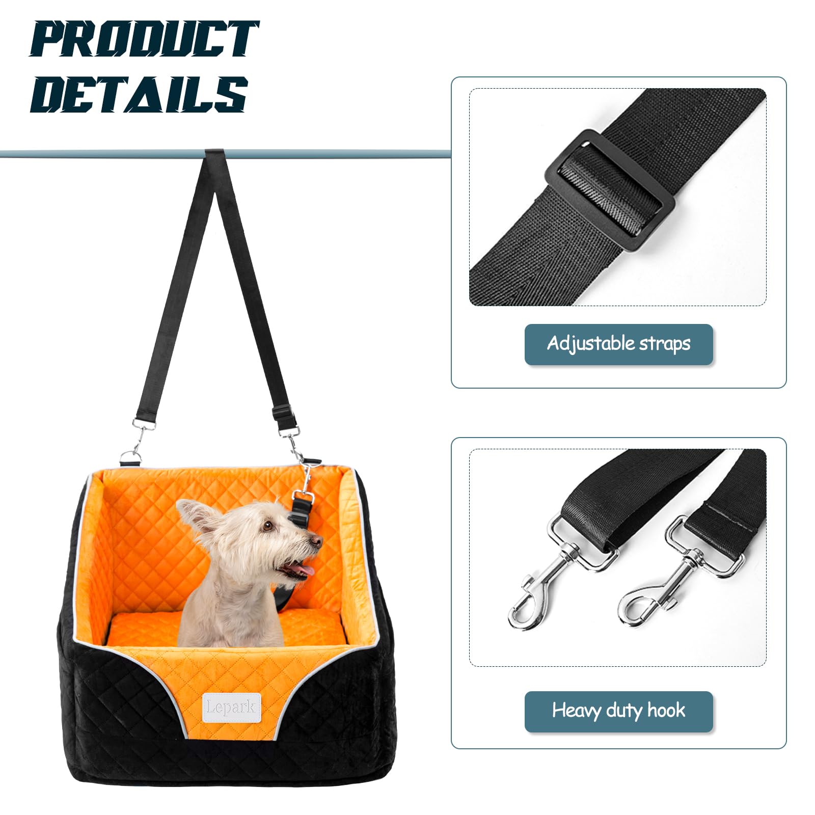 Lepark Dog Car Seat for Small Dogs & Cats - Washable Pet Booster Seat with Storage Pockets - Travel Safety Carrier for Front/Back Car Seats (Orange) - Perfect for Road Trips & Daily Commutes