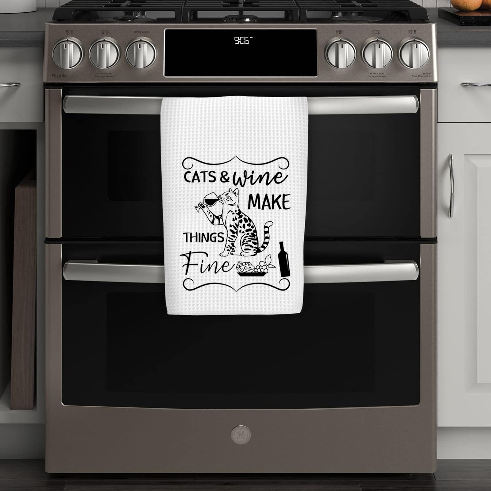 Waffle Weave Kitchen Towel - Cats and Wine Design - Perfect Housewarming Gift for Wine & Cat Lovers | Absorbent & Durable for Kitchen, Dining, and Hosting