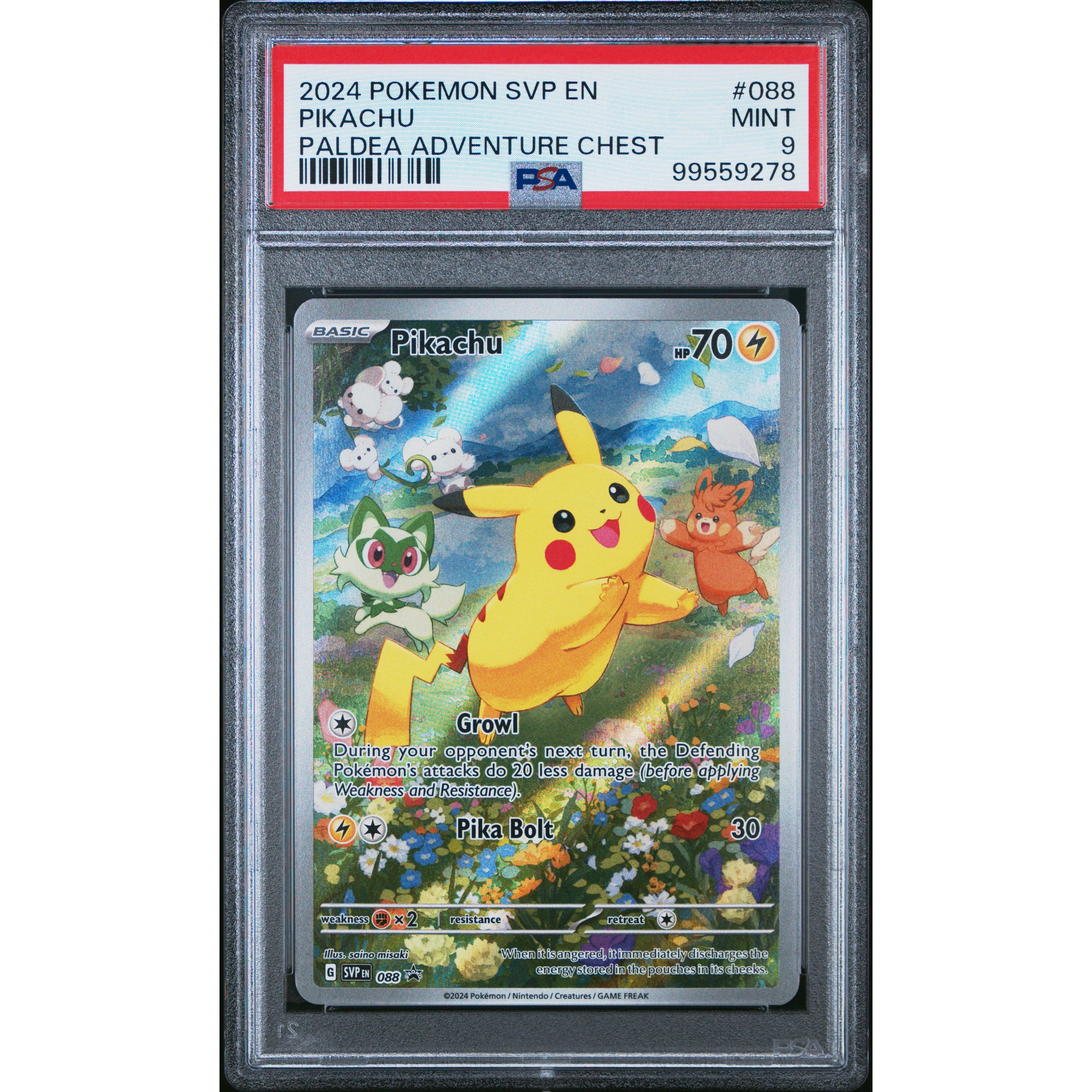 2024 Pokemon SVP Promo Pikachu Paldea Adventure Chest SVP088 PSA 9 Graded Card - Rare Collectible for Pokemon TCG Fans & Investors | Perfect for Display, Gaming Tournaments, and Investment Portfolios