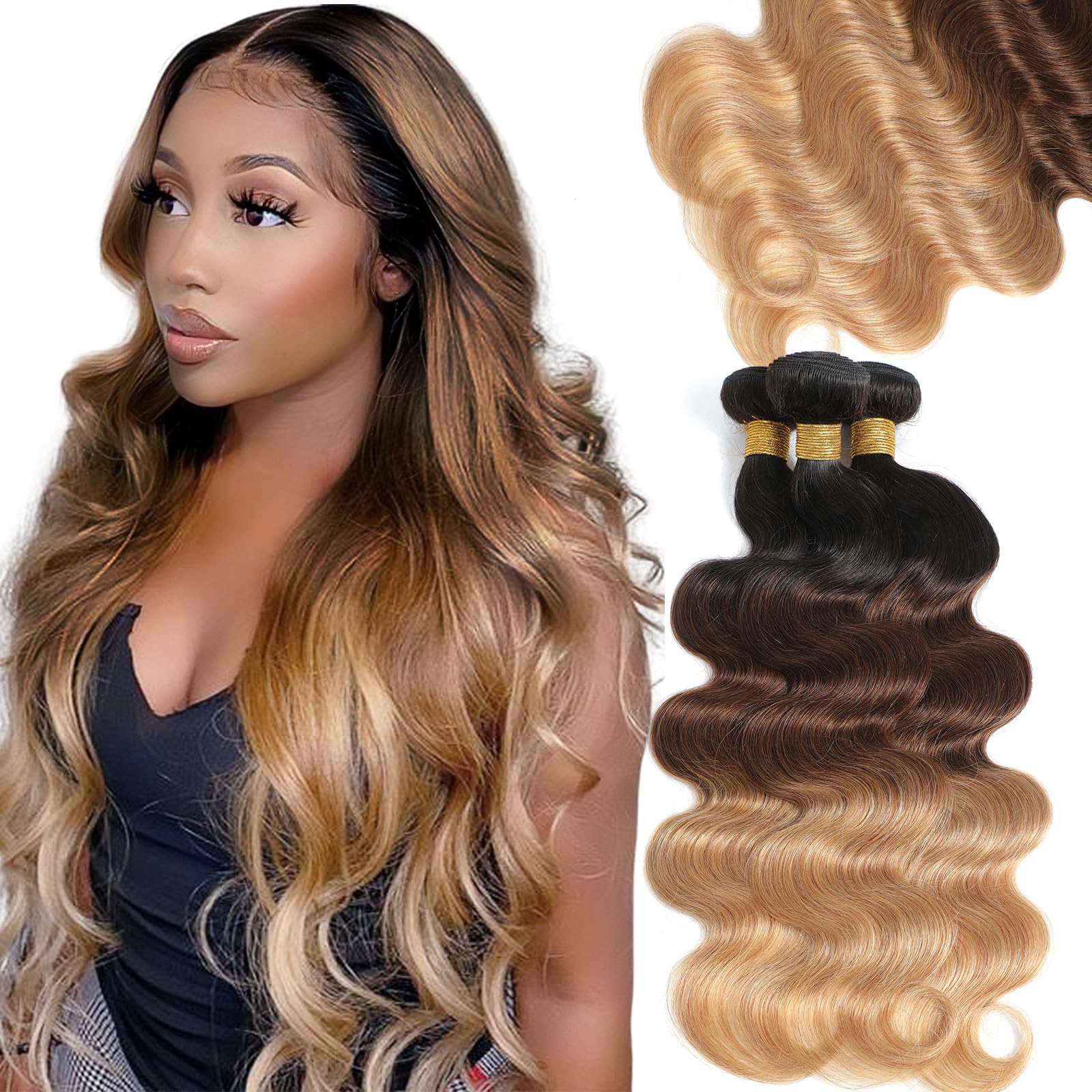 Kapelli 10A Brazilian Human Hair Bundles - Ombre Body Wave Virgin Remy Hair (T1B/4/27, 18
