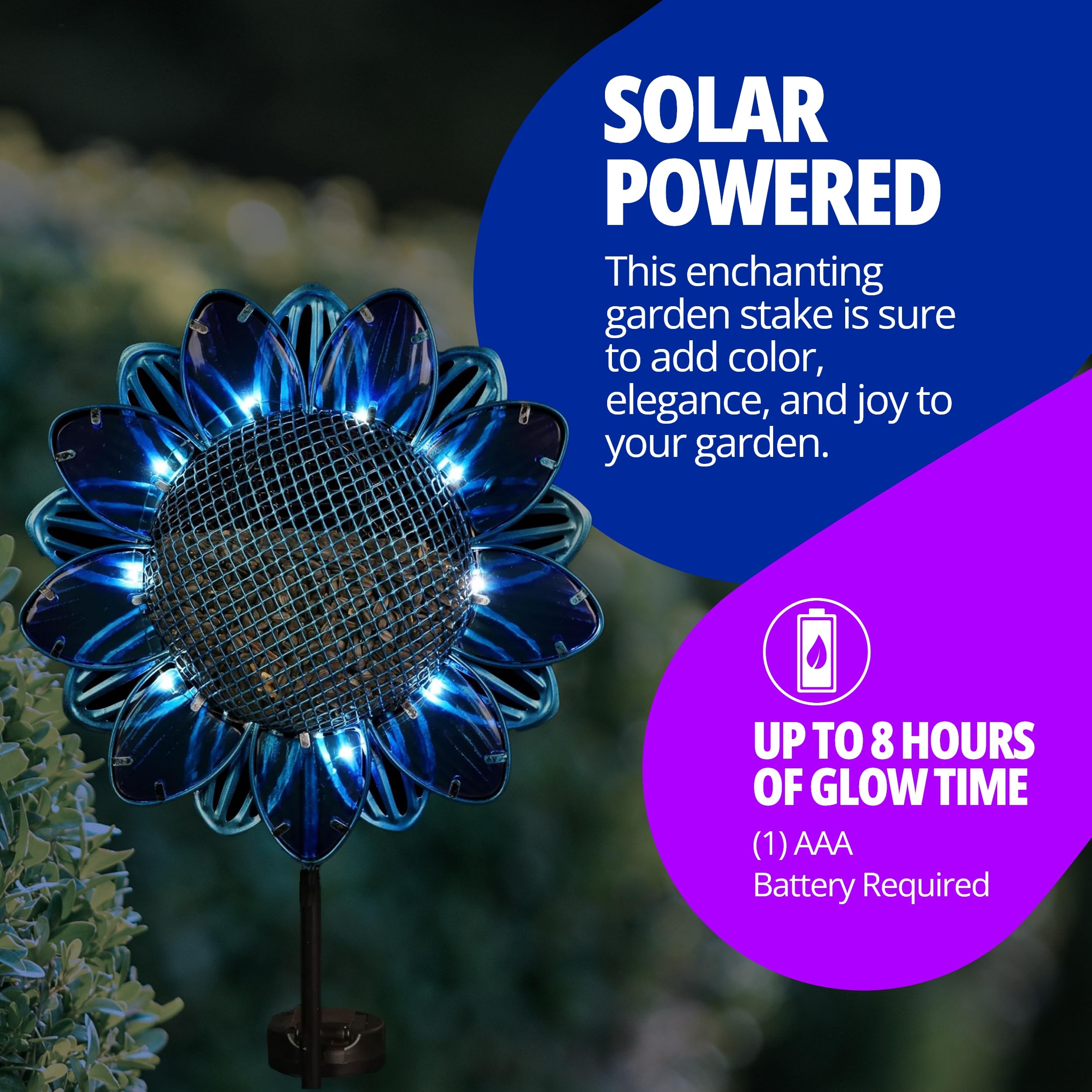 Exhart Solar Garden Lights - Sunflower Stake with Bird Seed Feeder - 9 LED Outdoor Decorative Light for Yard, Patio & Pathway - Blue Glass & Metal Design (11 x 3.5 x 36.5 Inch) - Perfect for Garden Decor, Bird Watching & Nighttime Illumination