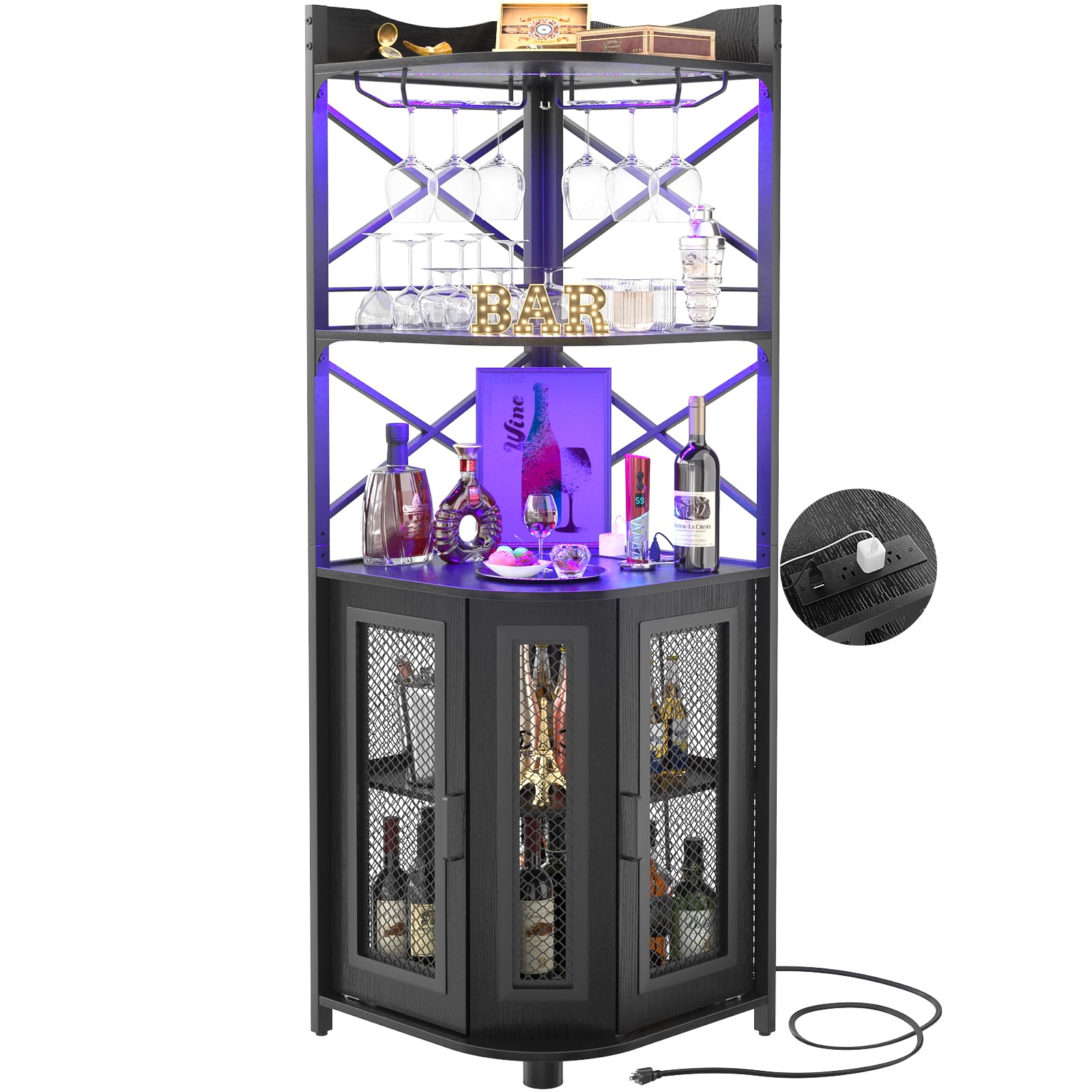 Industrial 5-Tier Corner Bar Cabinet with Power Outlet & LED Lighting - Modern Wine Liquor Storage Cabinet with Glass Holder, Black - Perfect for Small Spaces, Home Bars, and Stylish Corner Displays