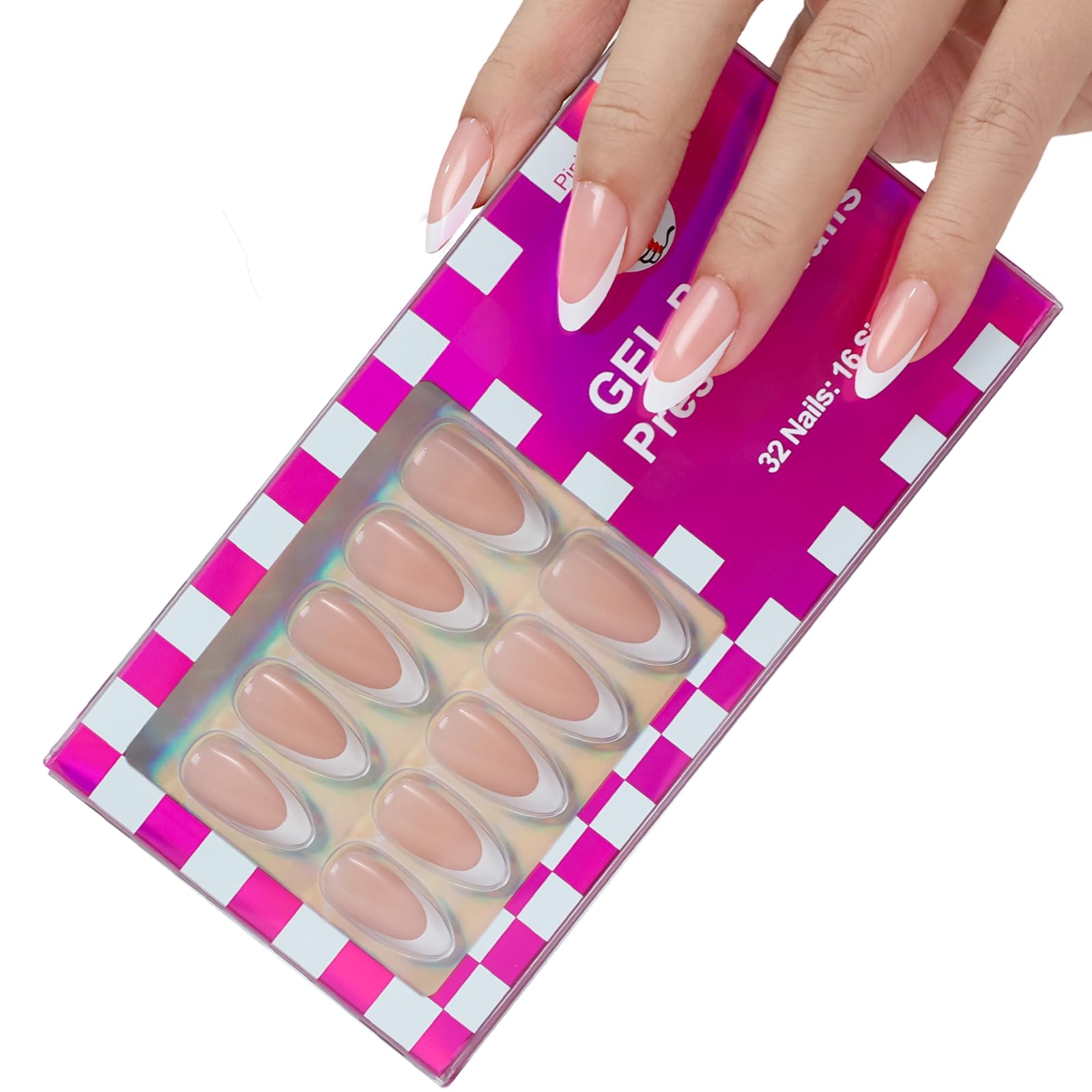 32 PCS Long Almond Nude Press on Nails - French Tip Gel Fake Nails Kit with Glue, 16 Sizes Reusable False Nails for Women, Includes Mini Nail File | Perfect for Parties, Weddings, and Everyday Glam