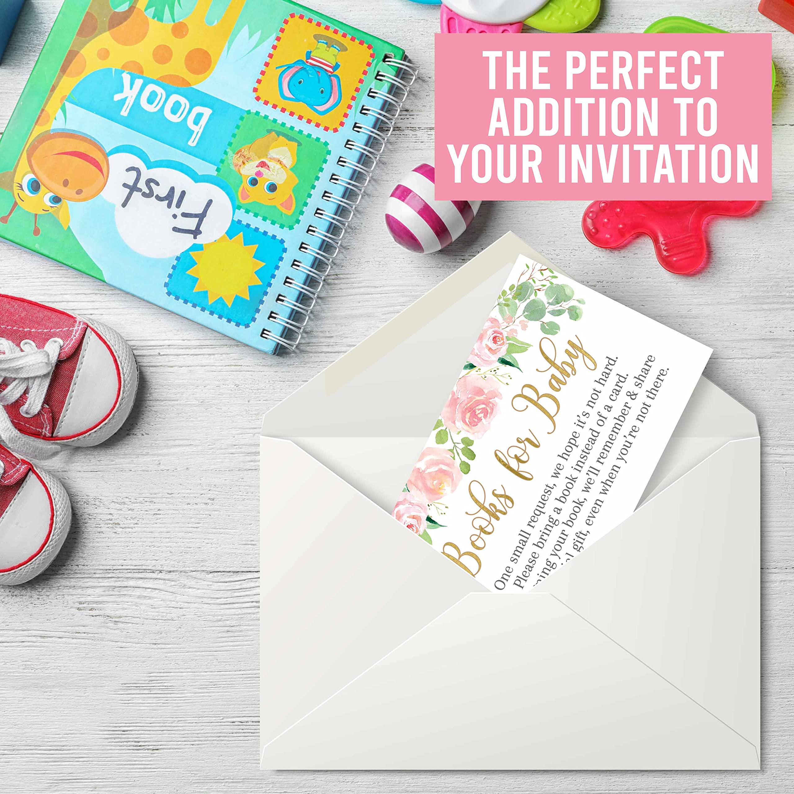 Hadley Designs - Floral Baby Shower Invitation Cards & Book Request Cards for Girls - Set of 25 - Perfect for Baby Registry, Gender Reveal & Newborn Celebrations