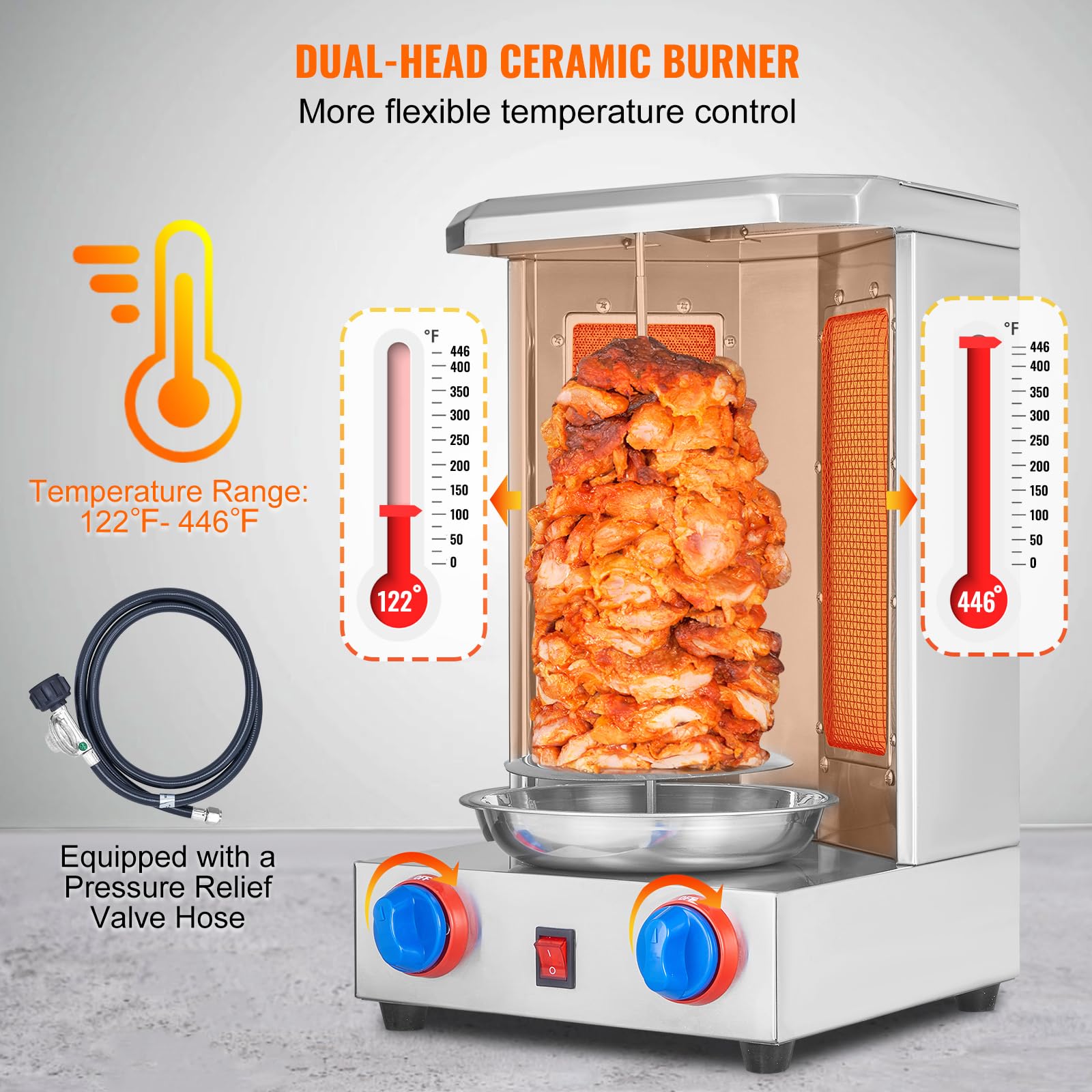Happybuy Commercial Shawarma Grill Machine - 13 lbs Capacity Gas Vertical Broiler with 2 Burners | Professional Chicken Shawarma Cooker & Gyro Rotisserie Oven for Home, Restaurant, Kitchen & Outdoor Parties | Perfect for Middle Eastern Cuisine, Food Trucks & Catering Events