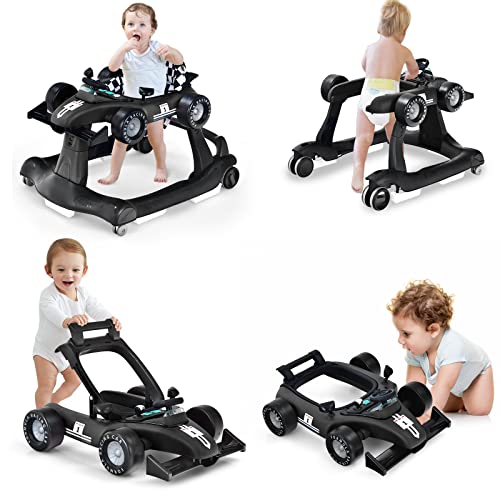 HONEY JOY 4-in-1 Baby Activity Walker with Adjustable Height & Speed - Foldable Push Walker with Music, Lights & Padded Seat for Infants 6-24 Months - Perfect for Learning to Walk & Indoor Play (Black)