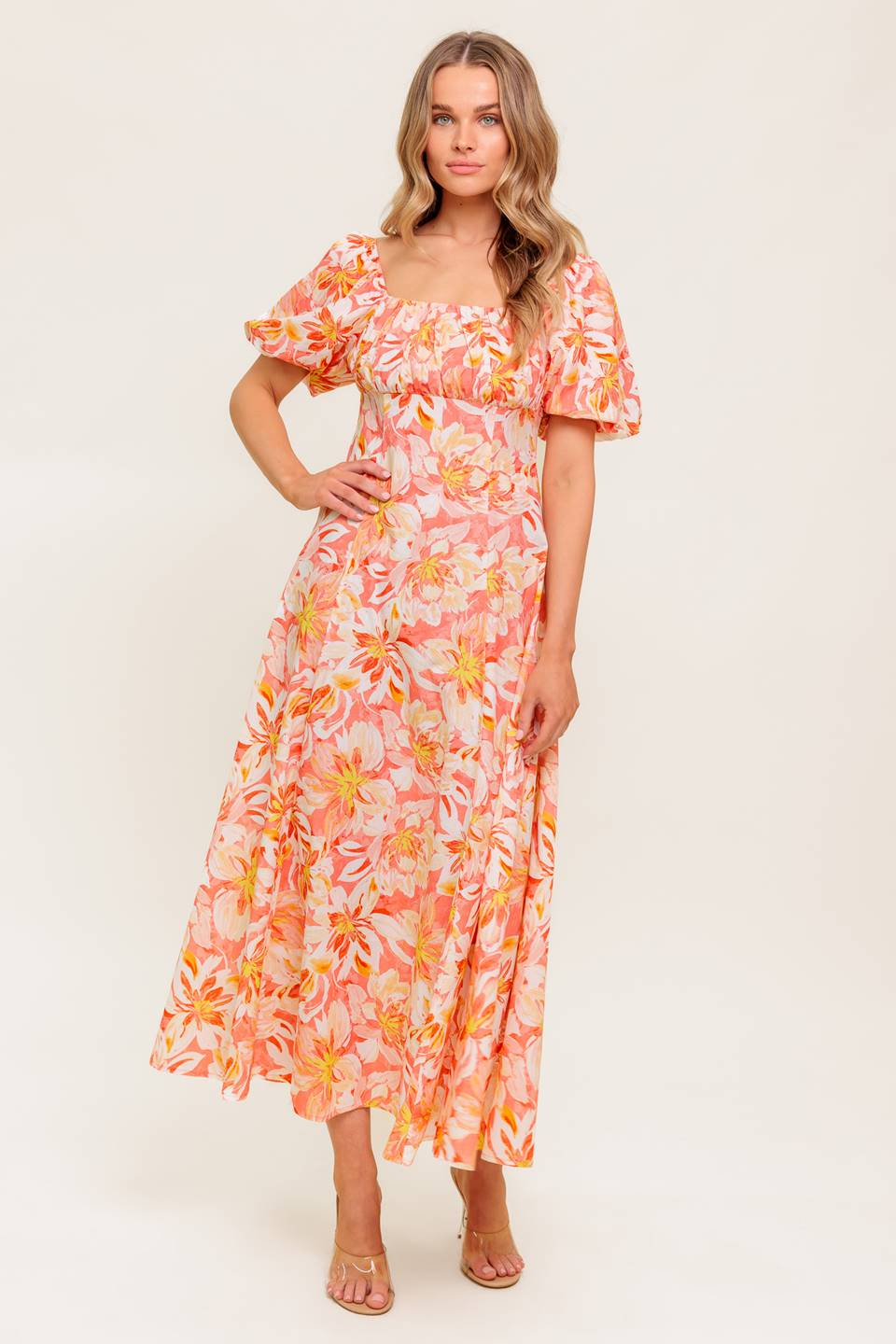 Island Flowers Puff Sleeve Midi Dress in Coral - Perfect for Summer Beach Vacations, Garden Parties & Boho Chic Outfits