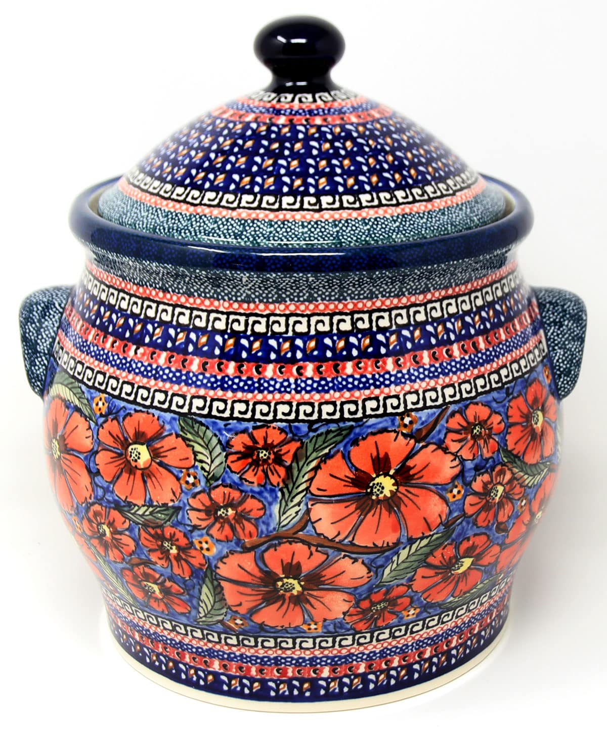 Extra Large 6 Quart Polish Pottery Cookie Jar & Canister - Hand-Painted Poppies Unikat Pattern by Lidia Kulka | Authentic Zaklady Ceramics | Perfect for Kitchen Storage & Home Decor