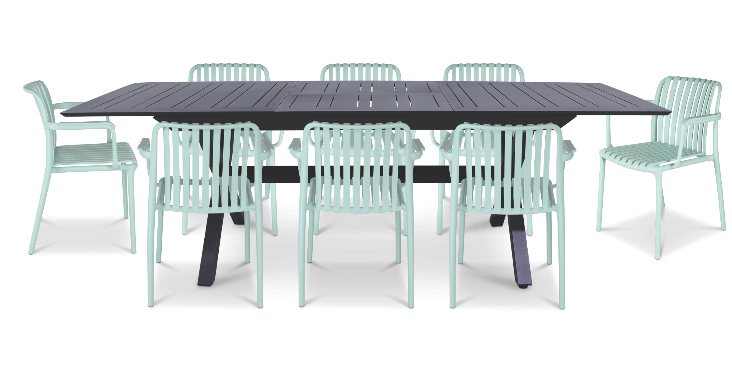 Gunmetal Caribbean Outdoor Extension Table with Salerno UV-Resistant Plastic Chairs (PP) - Perfect for Patio, Deck, Garden & Poolside Dining