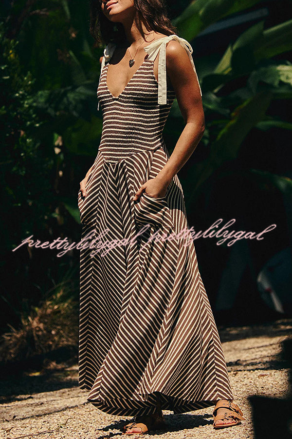Elegant Striped Print V-Neck Lace-Up Backless Midi Dress for Women | Summer Beach Holiday Party & Date Night Outfit