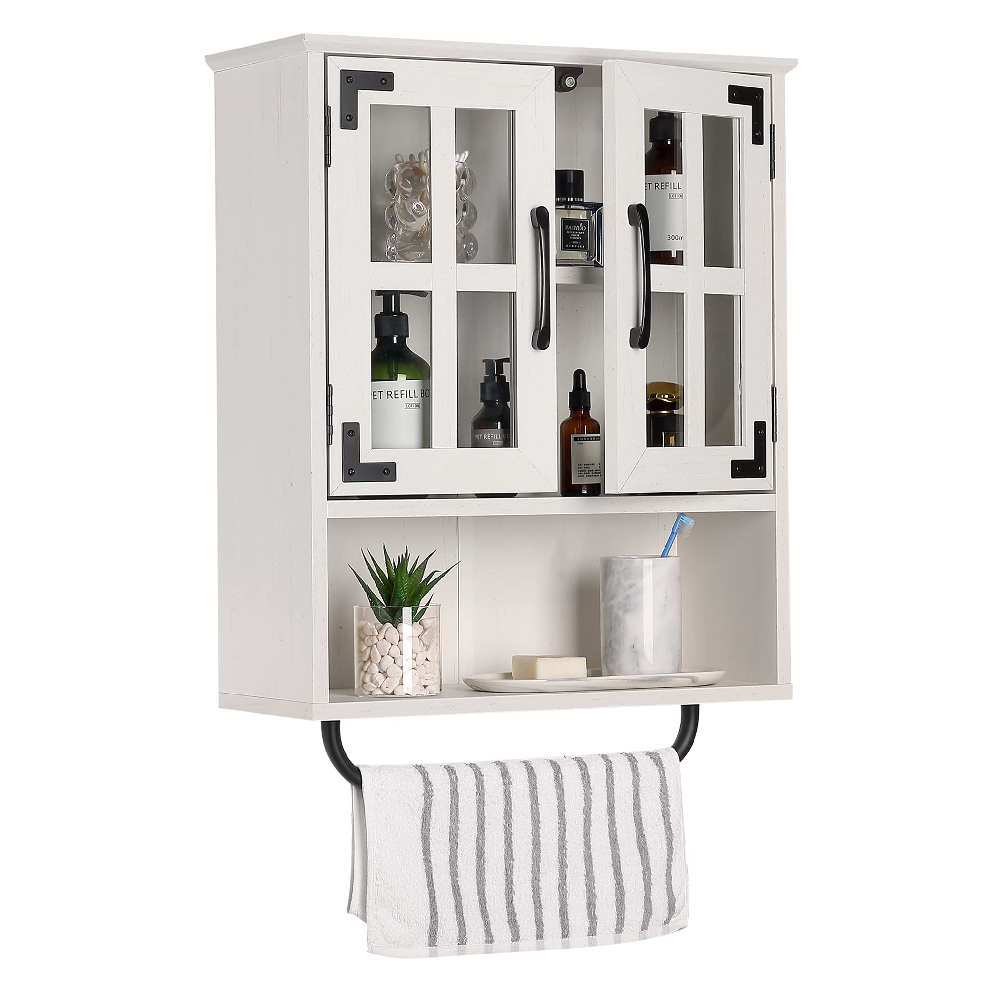 Rustic White Wood Wall Storage Cabinet with Cross Glass Doors - Farmhouse Wall Mounted 3-Tier Shelf with Adjustable Shelves & Towel Bar - Perfect for Bathroom, Living Room, Kitchen & Vintage Home Decor