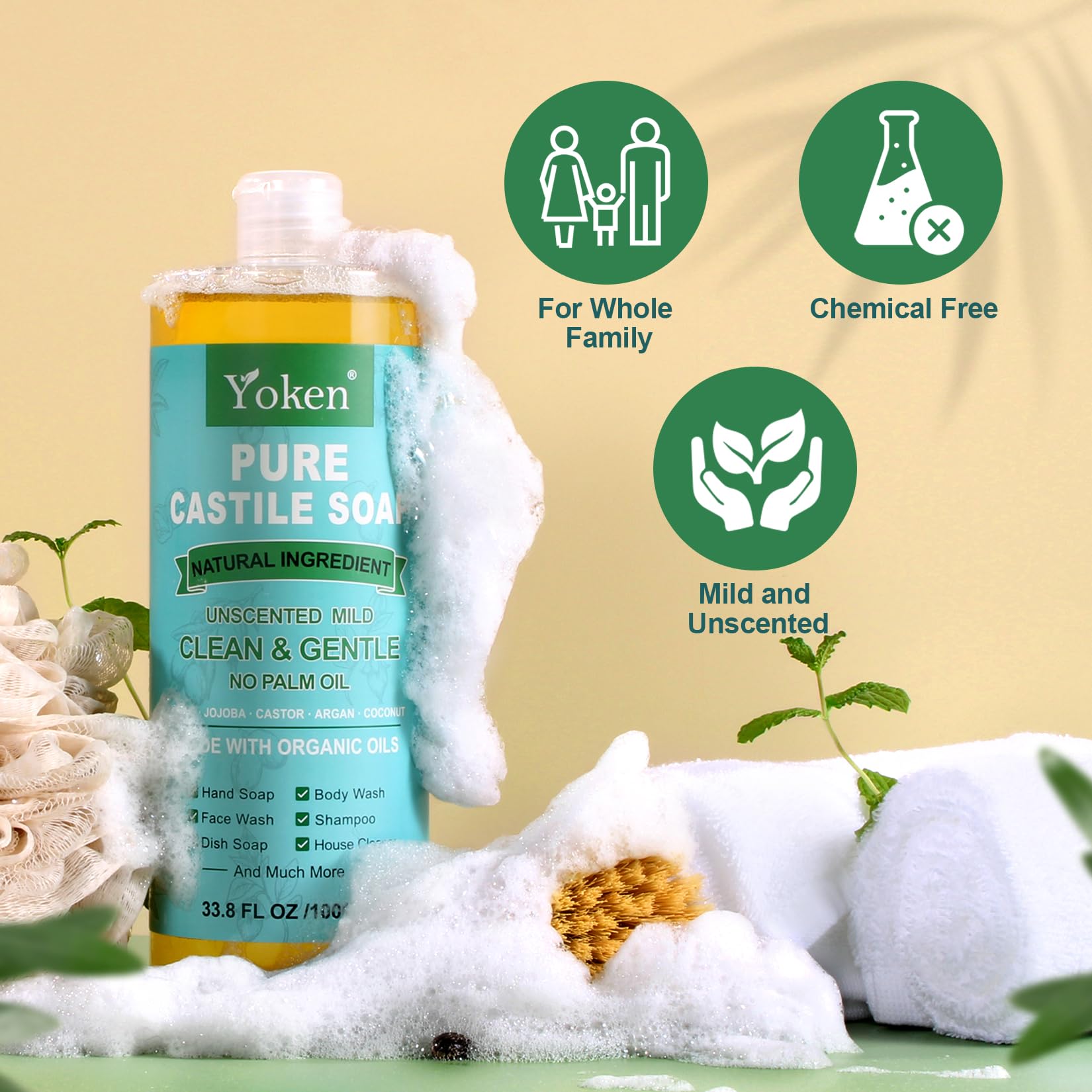 Organic Unscented Pure Castile Liquid Soap 67 fl oz - Vegan, Palm Oil Free, Gentle Multi-Purpose Soap for Face, Body, Hand Wash & Dishes | Perfect for Sensitive Skin, Baby Care & Eco-Friendly Cleaning