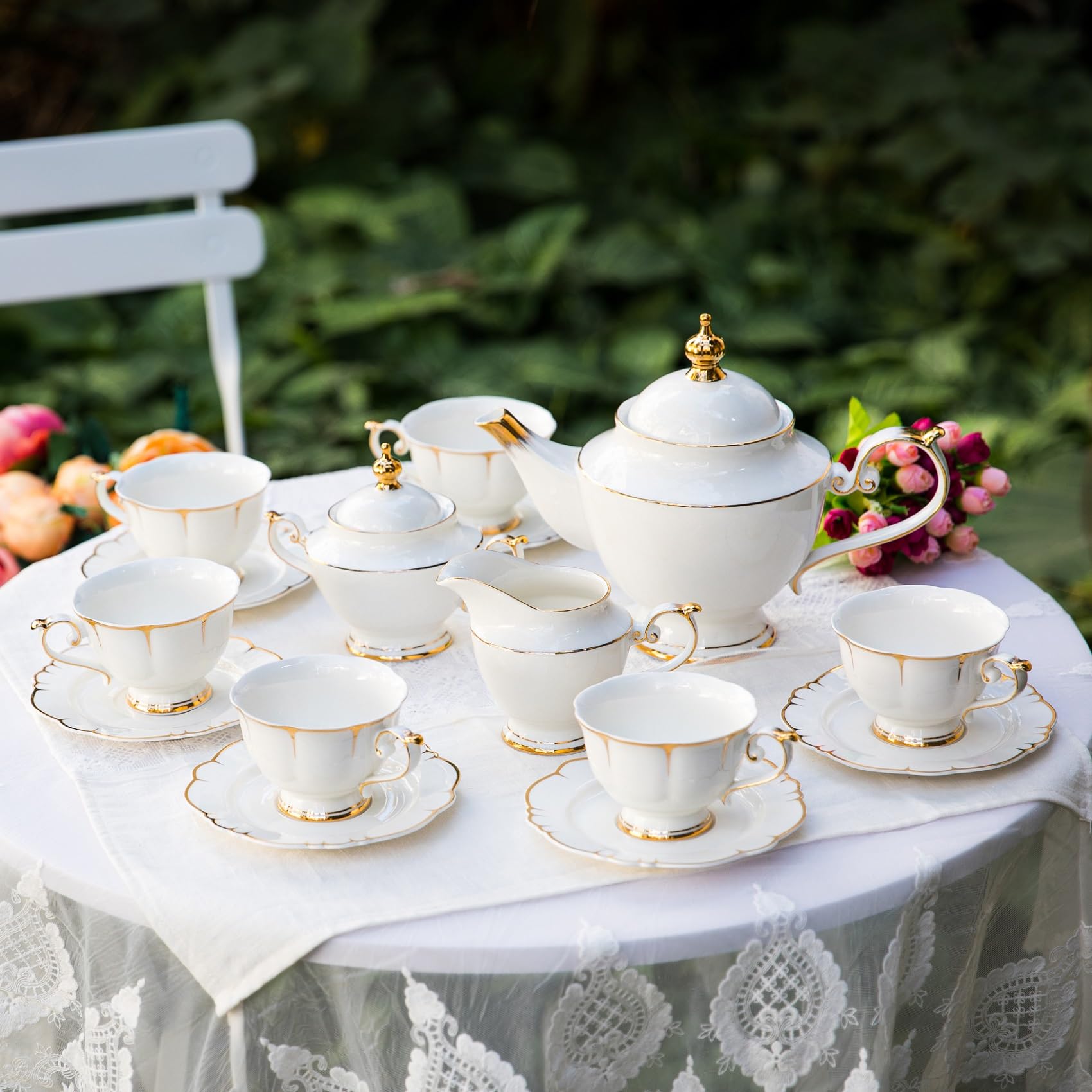 ACMLIFE Fine Bone China Tea Set for 6 - Elegant White Porcelain Tea Cups & Saucers - Perfect for Afternoon Tea Parties, Bridal Showers & Gift Giving - Ideal for Home Entertaining & Special Occasions