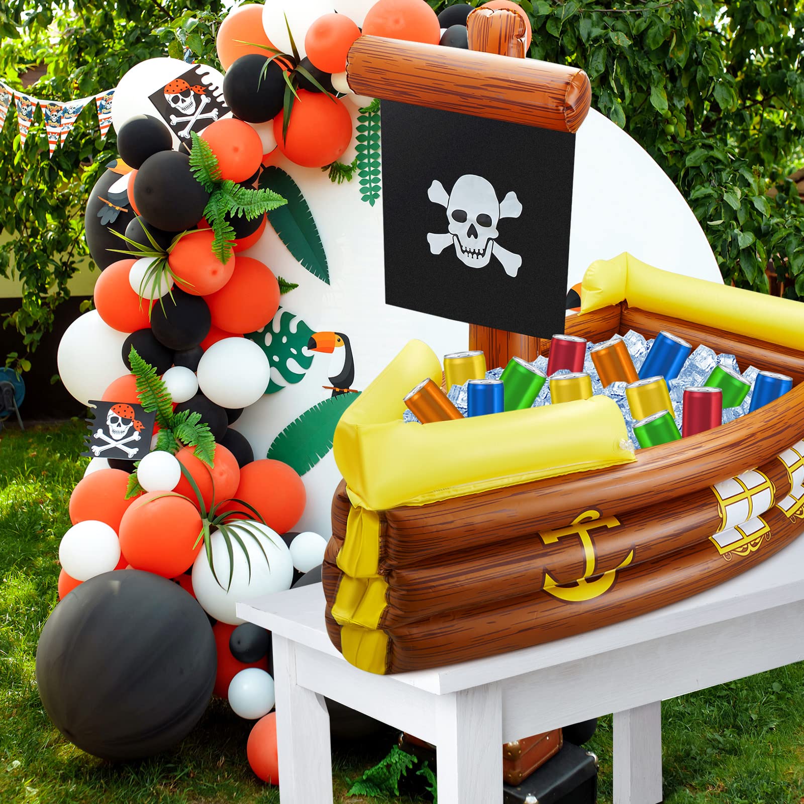 Inflatable Pirate Ship Cooler for Halloween, Birthday, and Pool Parties - Ice Holder, Beverage Serving Container, Food Tray - Perfect for Outdoor Events, Beach Gatherings, and Themed Decorations