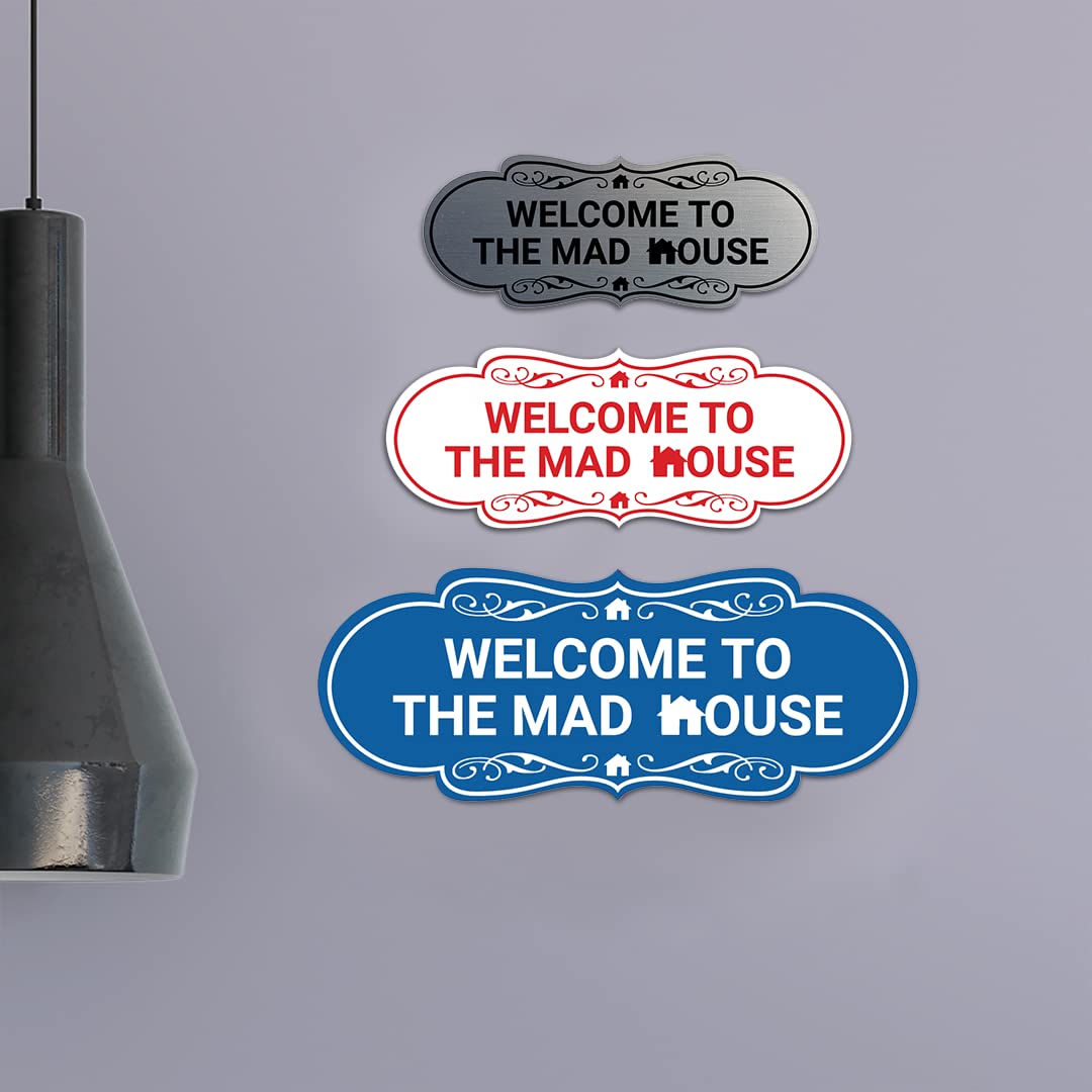 Designer Welcome to the Mad House Sign (Blue) - Small Wall Decor for Home, Office, or Halloween Party Decoration