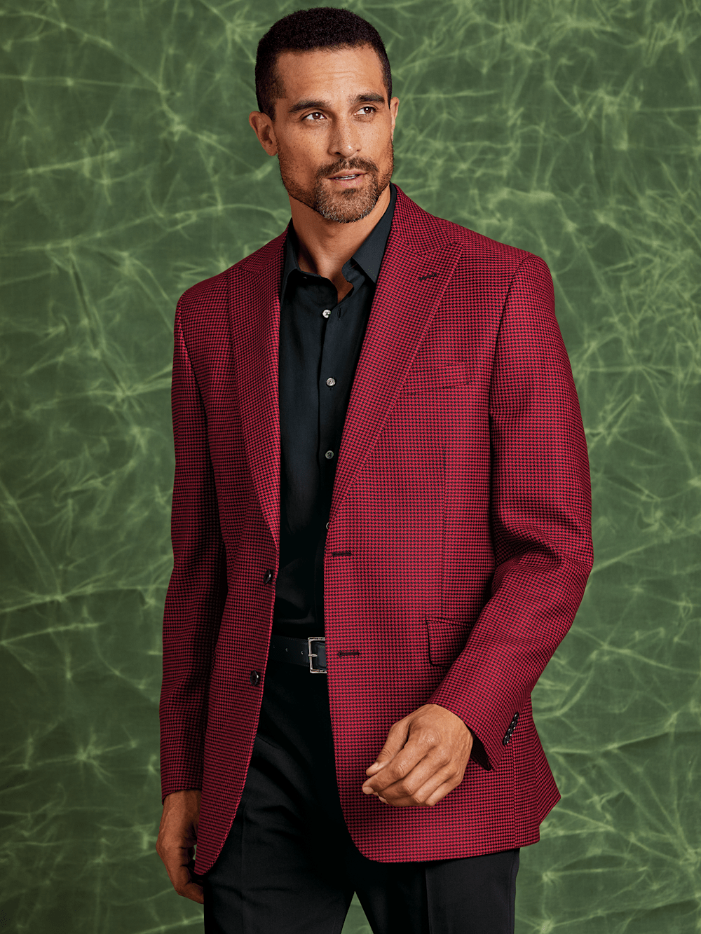 Premium Wool Houndstooth Single-Breasted Peak Lapel Blazer for Men - Classic Black/Red Checkered Pattern | Formal Business Attire & Special Occasion Wear