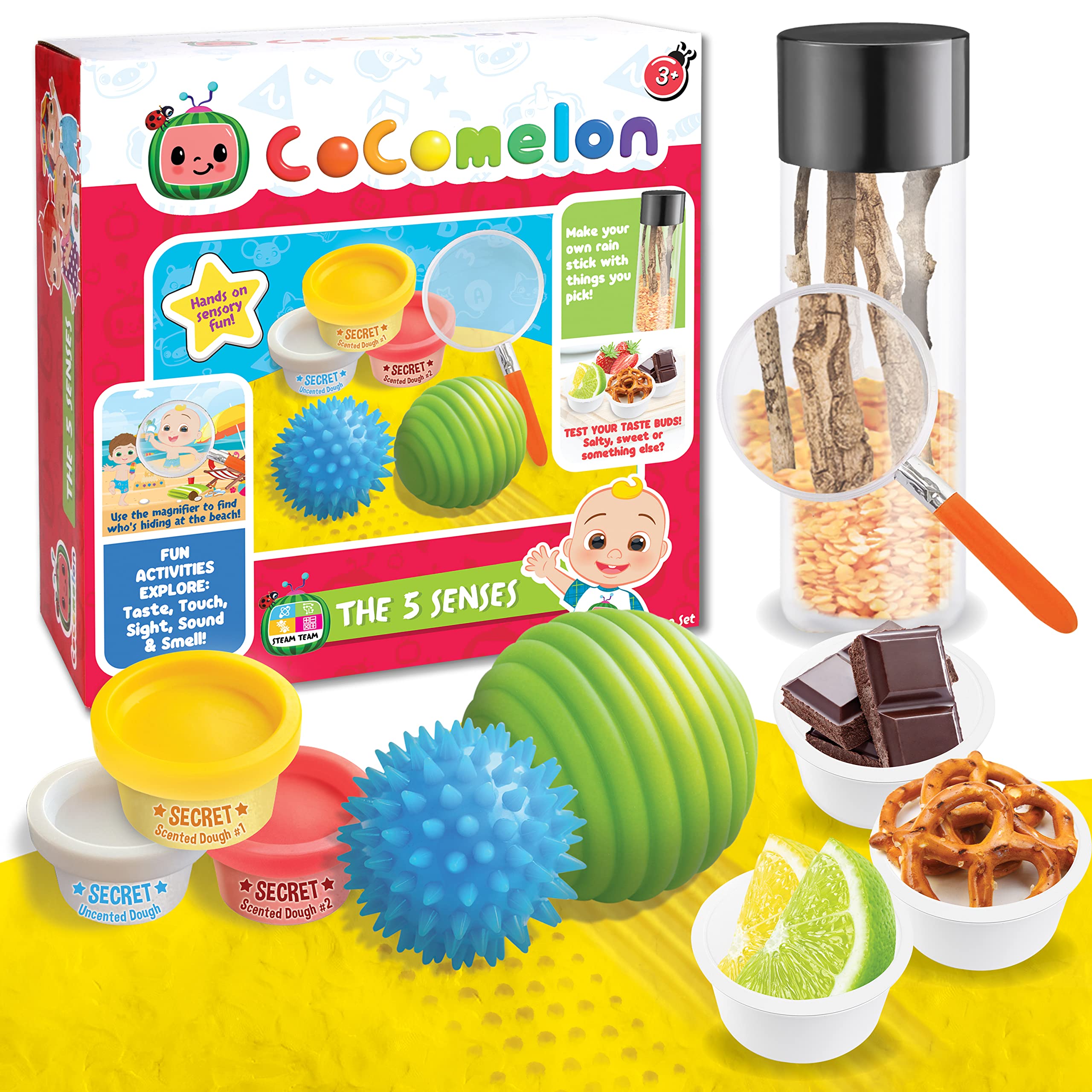 Cocomelon Kids Sensory Science Kit - 5 Fun STEM Learning Experiments with Scented Play Dough, Textured Sensory Balls & Magnifying Glass - Perfect for Preschool Learning, Birthday Gifts & Classroom Activities