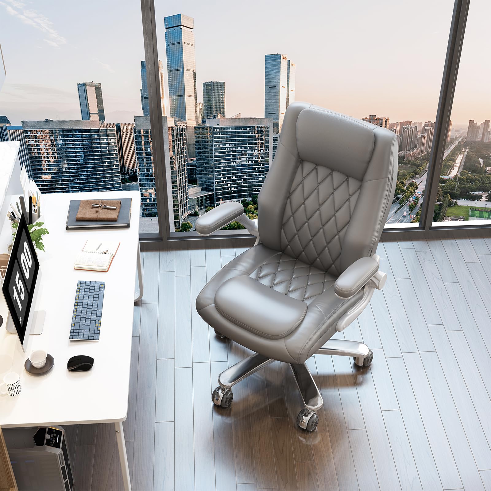 Premium High Back Executive Office Chair - Big & Tall Ergonomic Desk Chair with Lumbar Support, 400LB Weight Capacity, Flip-Up Armrests & Smooth-Rolling Rubber Wheels (Grey) - Ideal for Home Office, Corporate Workspaces & Gaming Setup