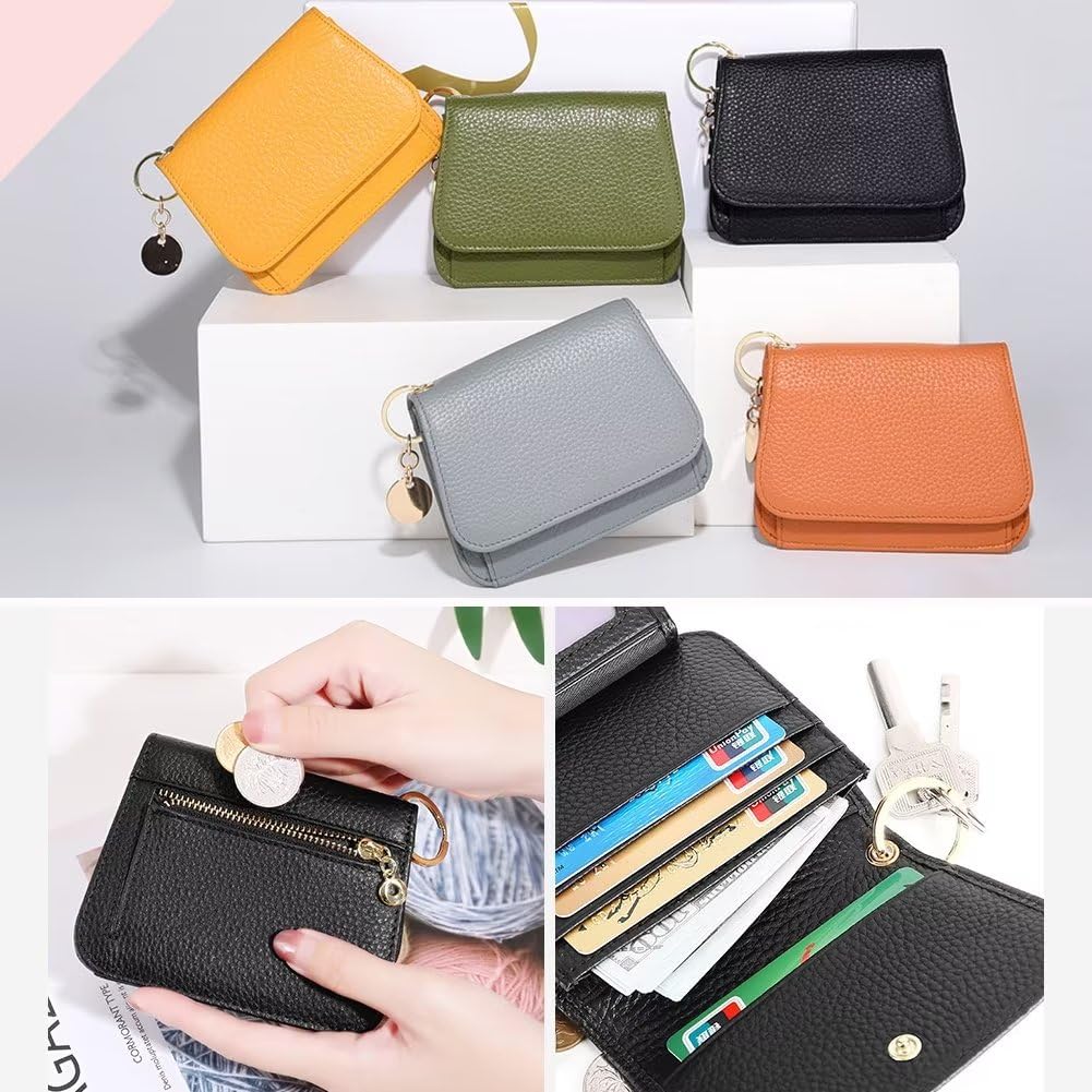 Mudono Slim RFID Blocking Genuine Leather Women's Wallet - Tri-Fold Card Holder with Zipper Pocket & Keychain - Perfect for Travel, Shopping, and Everyday Use