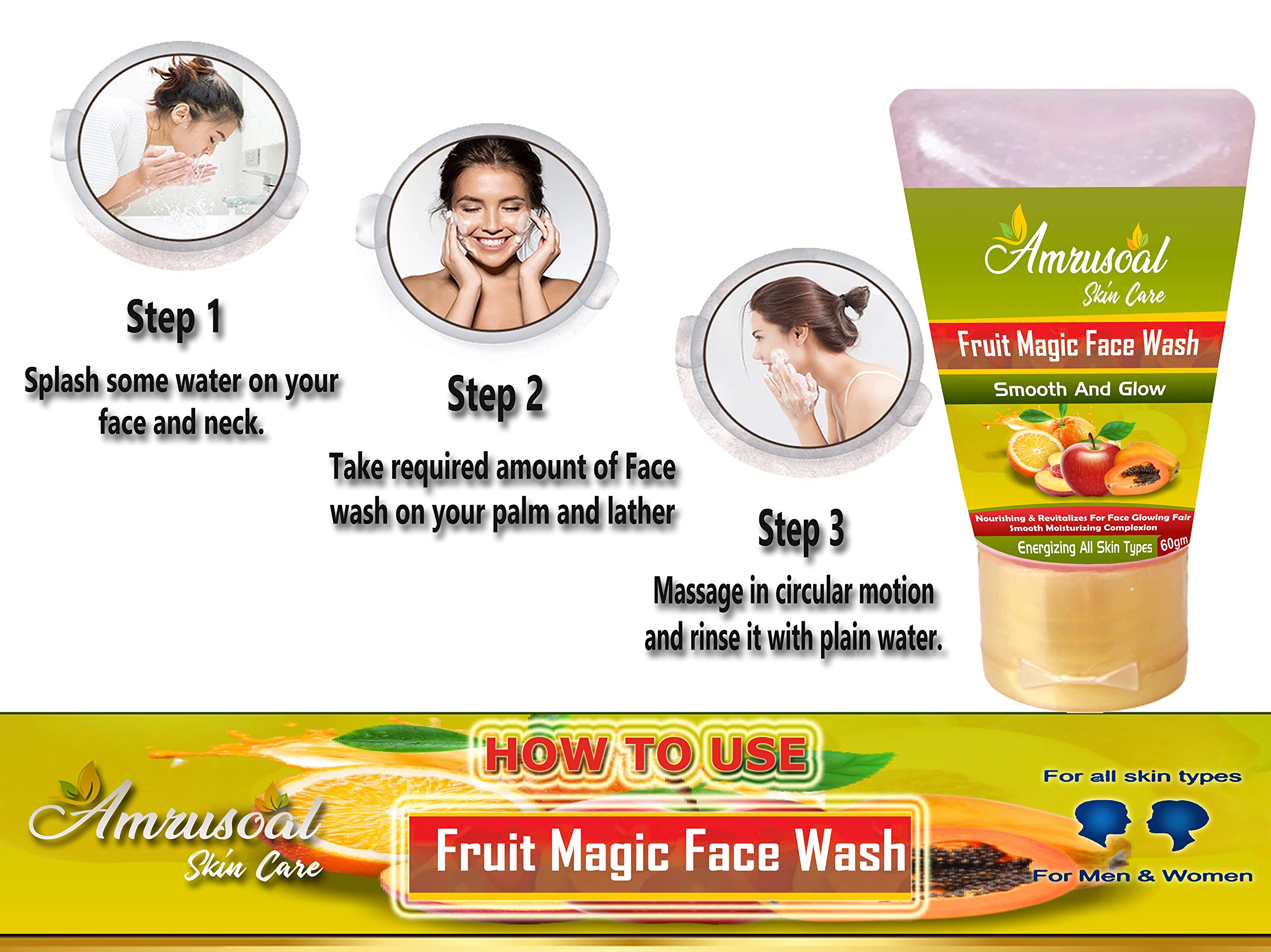 AMRUSOAL Fruit Magic Face Wash - Nourishing & Revitalizing Facial Cleanser for Glowing, Fair & Smooth Skin | Moisturizing Complexion Wash (60g) | Perfect for Daily Skincare Routine & Gentle Makeup Removal