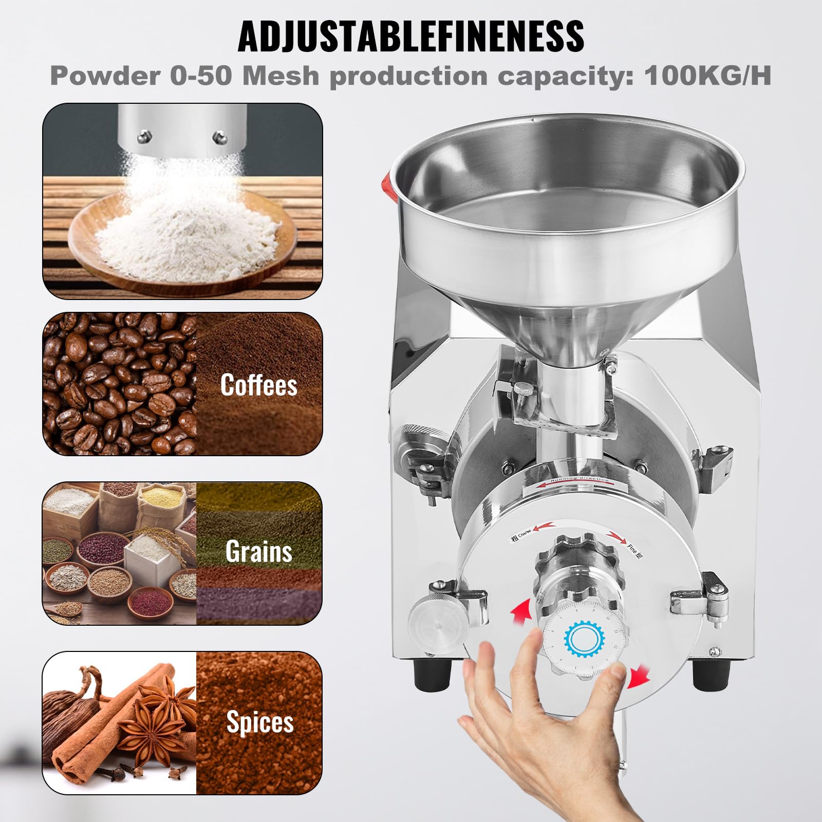 VEVOR 3000W Commercial Soybean Grinder - Stainless Steel Corn Mill Machine for Spices, Peanuts, Grains (100 KG/H) - Perfect for Restaurants, Bakeries & Home Flour Milling