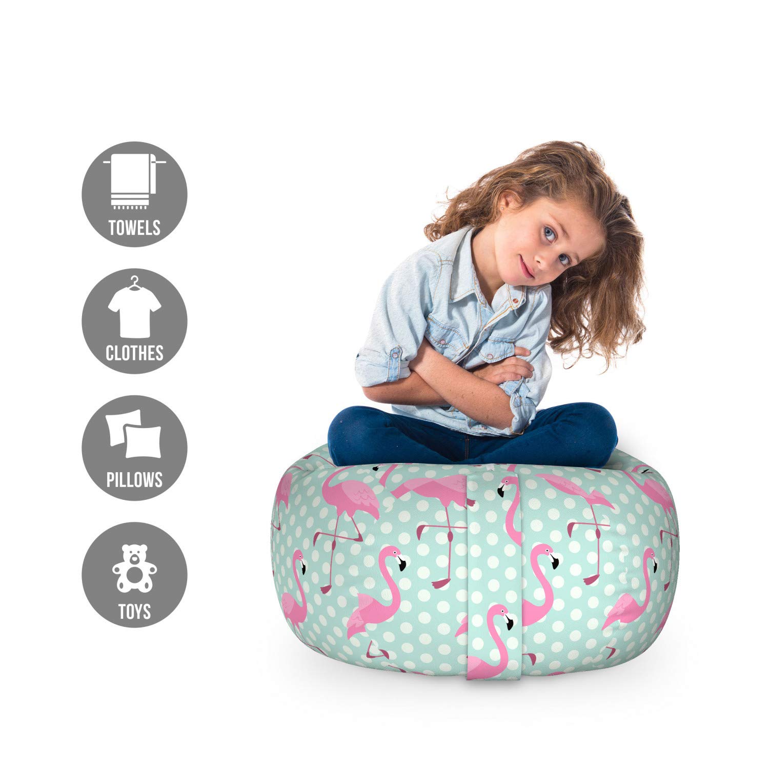 Ambesonne Pink Flamingo Toy Storage Bag Chair - Hawaii Exotic Bird Pattern on Polka Dot Background, Washable Stuffed Animal Organizer for Kids Room, Small Mint Green | Perfect for Nursery, Playroom & Bedroom Organization