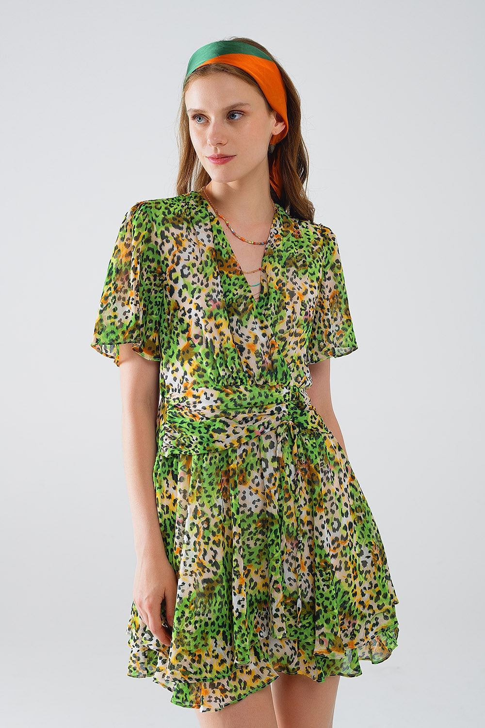 Women's Short Green Multicolor Robe with Animal Print Cross Top - Perfect for Loungewear, Beach Cover-Up, and Casual Outfits