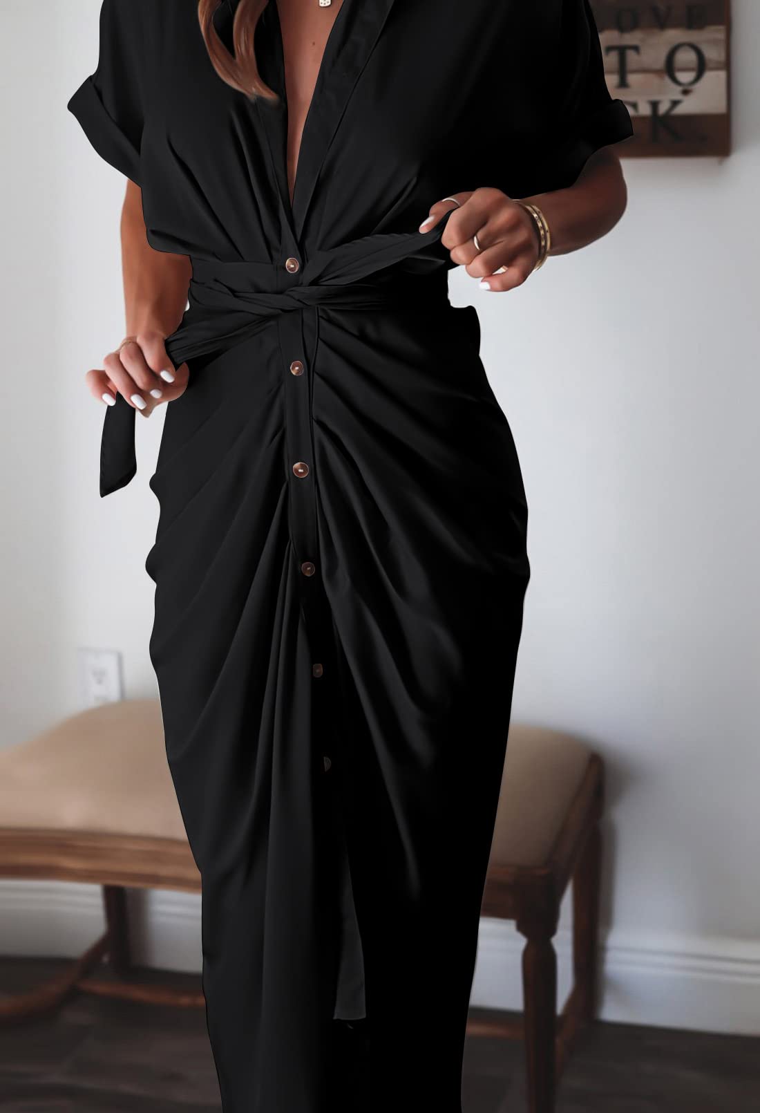 Elegant Women's Satin Button Down Short Sleeve Maxi Shirt Dress with Belt - Perfect for Summer Outings, Beach Vacations & Casual Office Wear