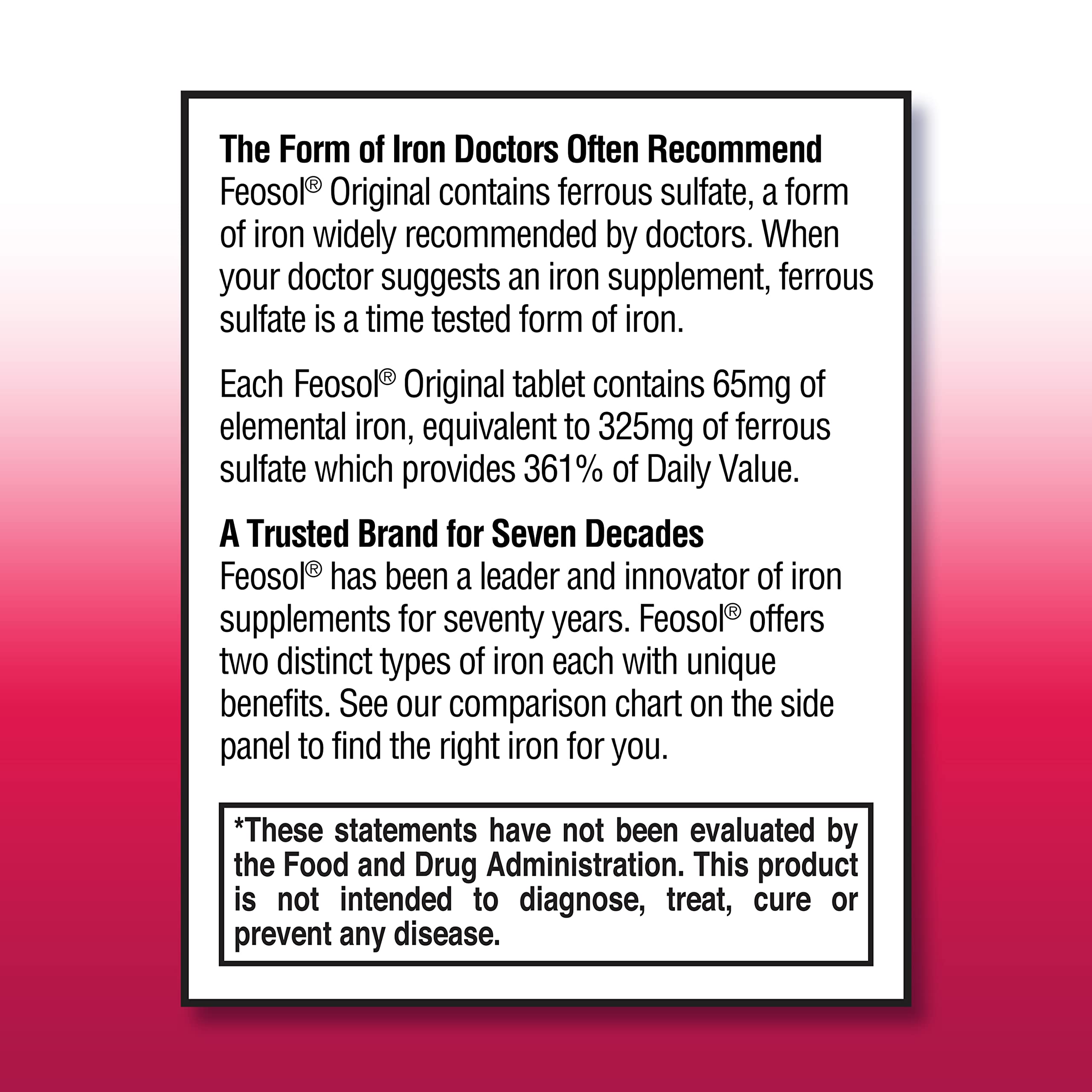 Feosol Original Iron Supplement Tablets - 325mg Ferrous Sulfate (65mg Elemental Iron) per Pill, 120 Count (4 Month Supply) - Non-Heme Iron for Energy & Immune Support - Made in USA - Ideal for Anemia Prevention & Fatigue Relief