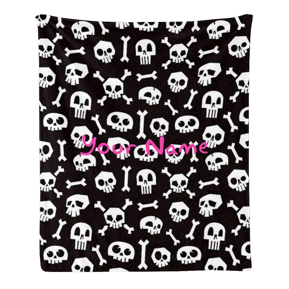 Personalized Skeleton Skull Fleece Throw Blanket - Custom Name Text, Super Soft 50x60 Inch Blanket for Couch, Sofa & Bed - Perfect for Halloween Decor, Gift Giving & Cozy Home Use