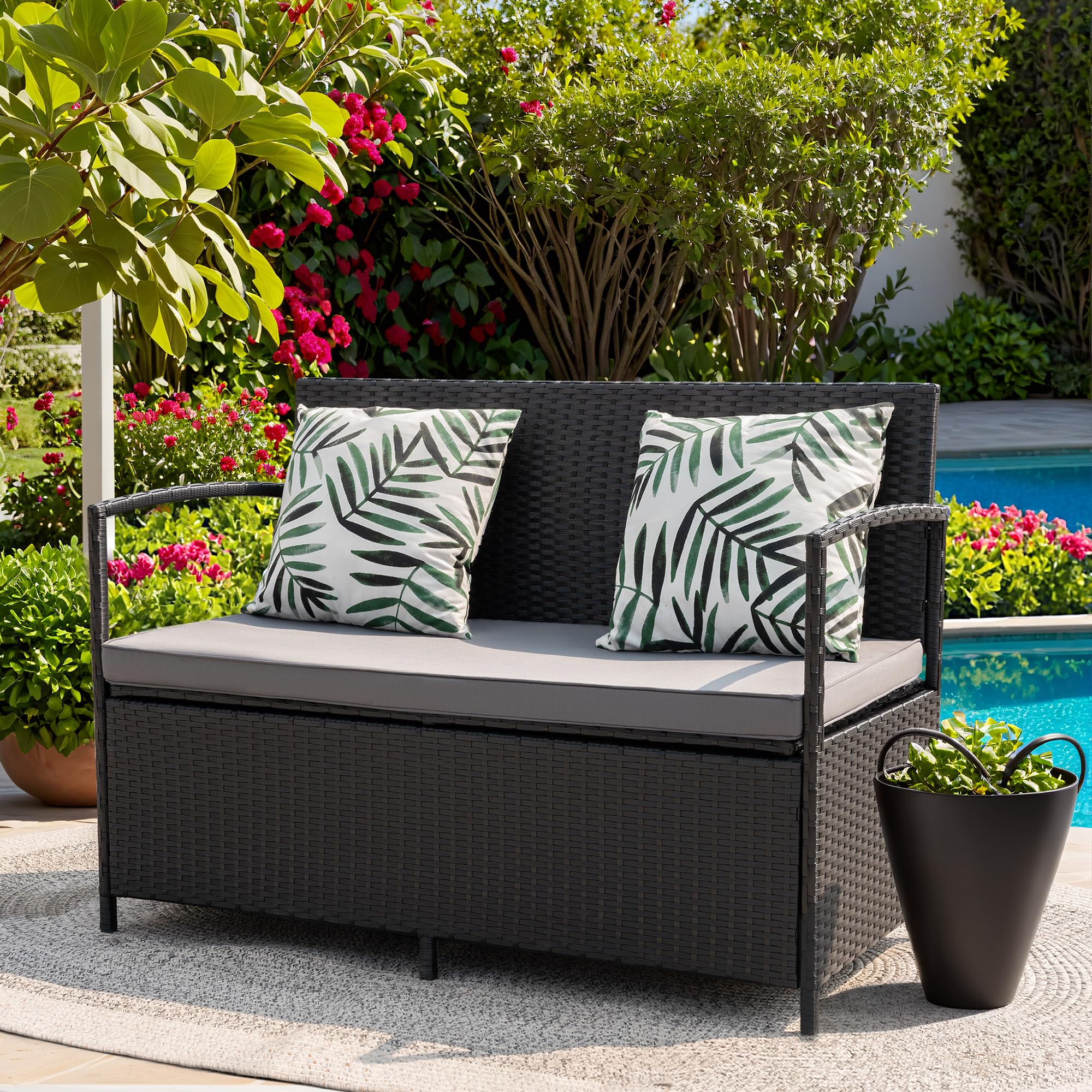 Flamaker All-Weather Wicker Patio Loveseat - Outdoor Rattan Conversation Bench with Storage & Cushions - Perfect for Backyard, Porch, Garden & Poolside Relaxation (Black)