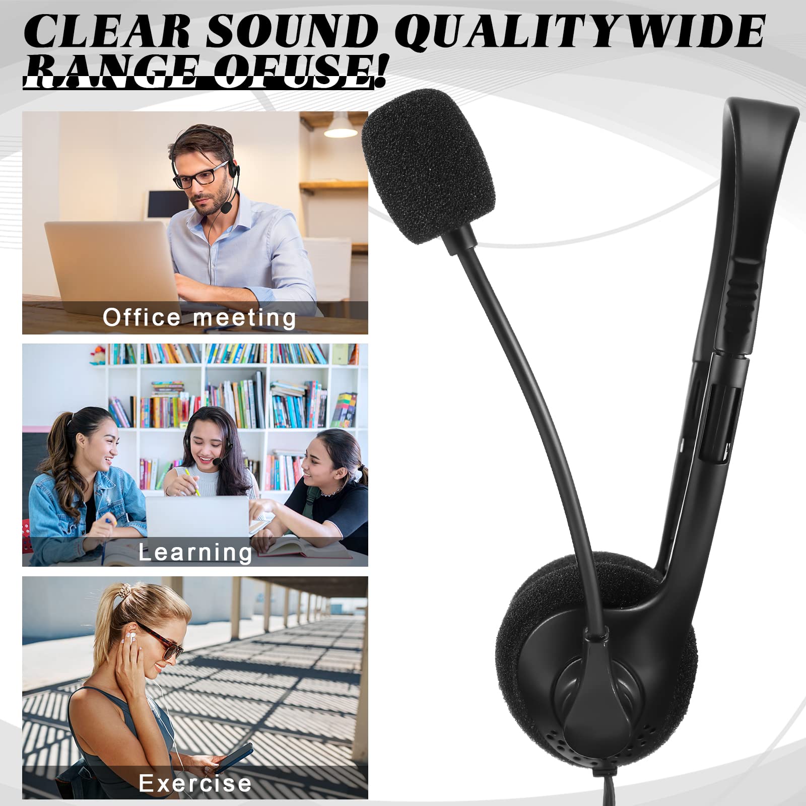 Kathfly Black Stereo Headphones with Microphone - Adjustable Office Conference Headset with 3.5mm Plug for Business Calls, Mobile Phones & Tablets (50 Pack) - Perfect for Call Centers, Remote Work & Online Meetings
