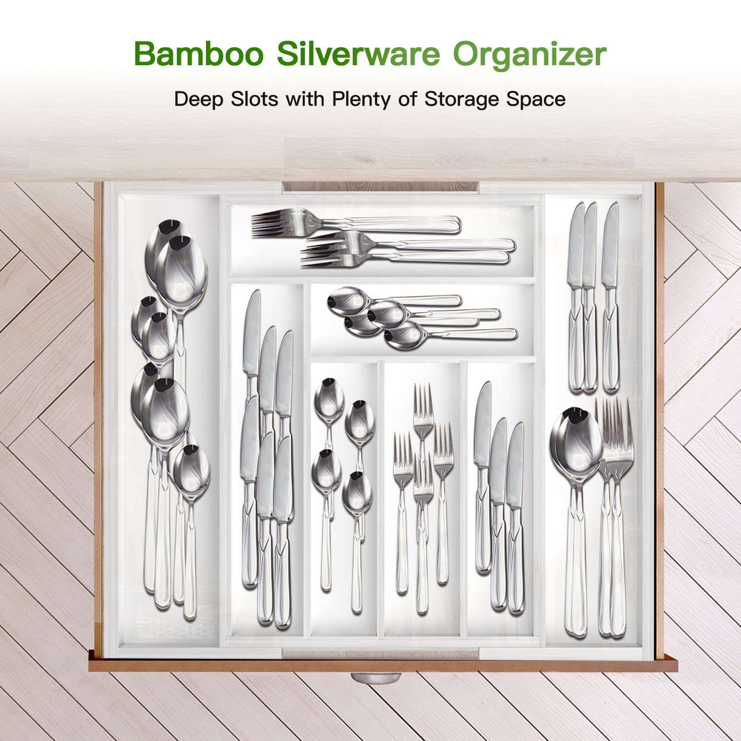 Pipishell Bamboo Expandable Drawer Organizer - Adjustable Cutlery Tray & Wood Drawer Dividers for Silverware, Flatware, Knives - Kitchen, Bedroom, Living Room Storage Solution (White) | Perfect for Organizing Utensils, Makeup, Office Supplies & More