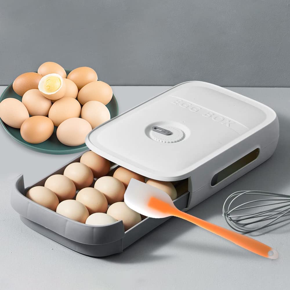 SKOFRI 18-Grid Refrigerator Egg Holder - BPA-Free Drawer-Style Egg Storage Container with Date Reminder - White Fridge Organizer for Fresh Eggs - Perfect for Kitchen Organization & Meal Prep