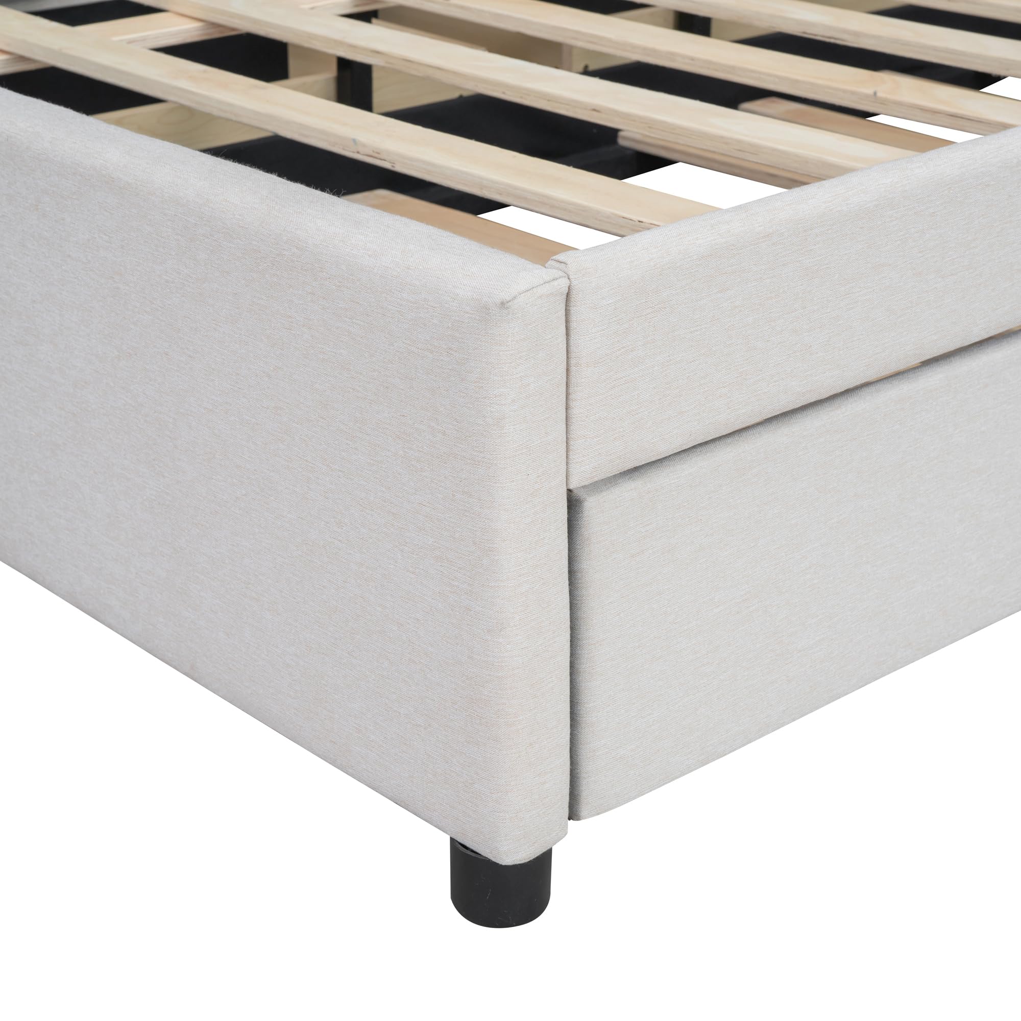 Full Size Linen Upholstered Platform Bed with Twin Trundle & 2 Drawers - Brick Pattern Headboard, Wooden Slats Support - Beige Bed Frame for Teens & Kids | Perfect for Small Bedrooms, Guest Rooms & Space-Saving Solutions