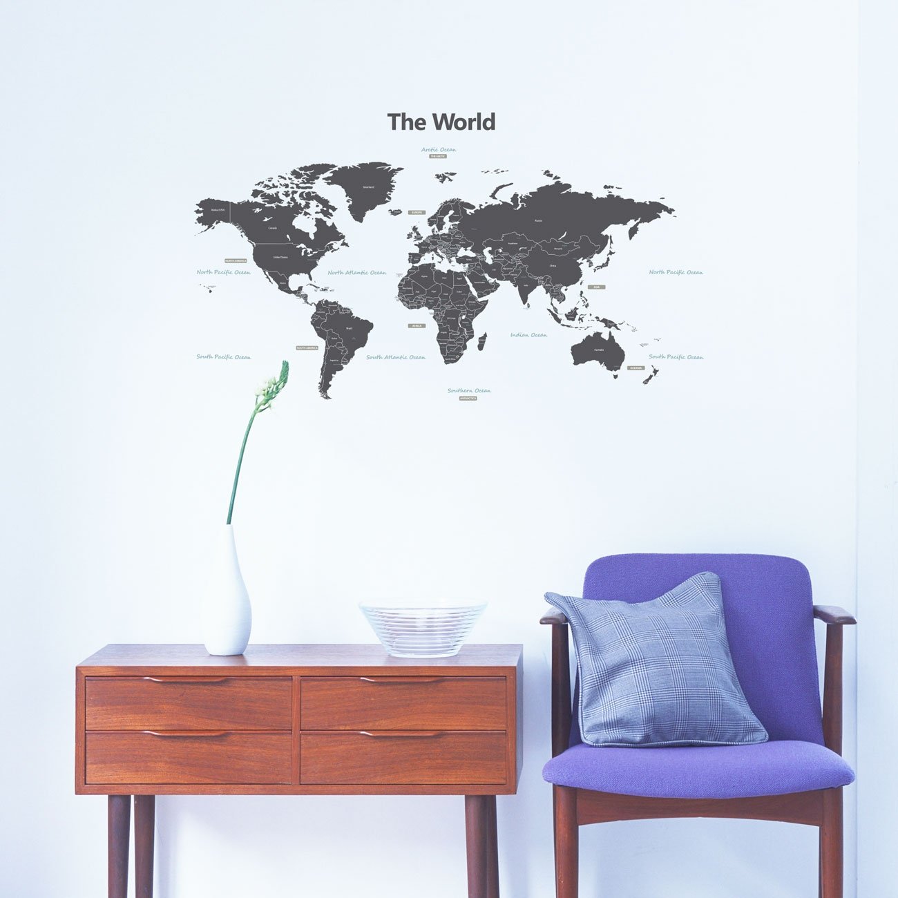 DECOWALL DWL-1609GS Modern Grey World Map Wall Stickers - Peel & Stick Removable Wall Decals for Kids Room, Nursery, Bedroom & Living Room Decor - Perfect for Educational Playrooms & Travel-Themed Spaces (Medium Size)
