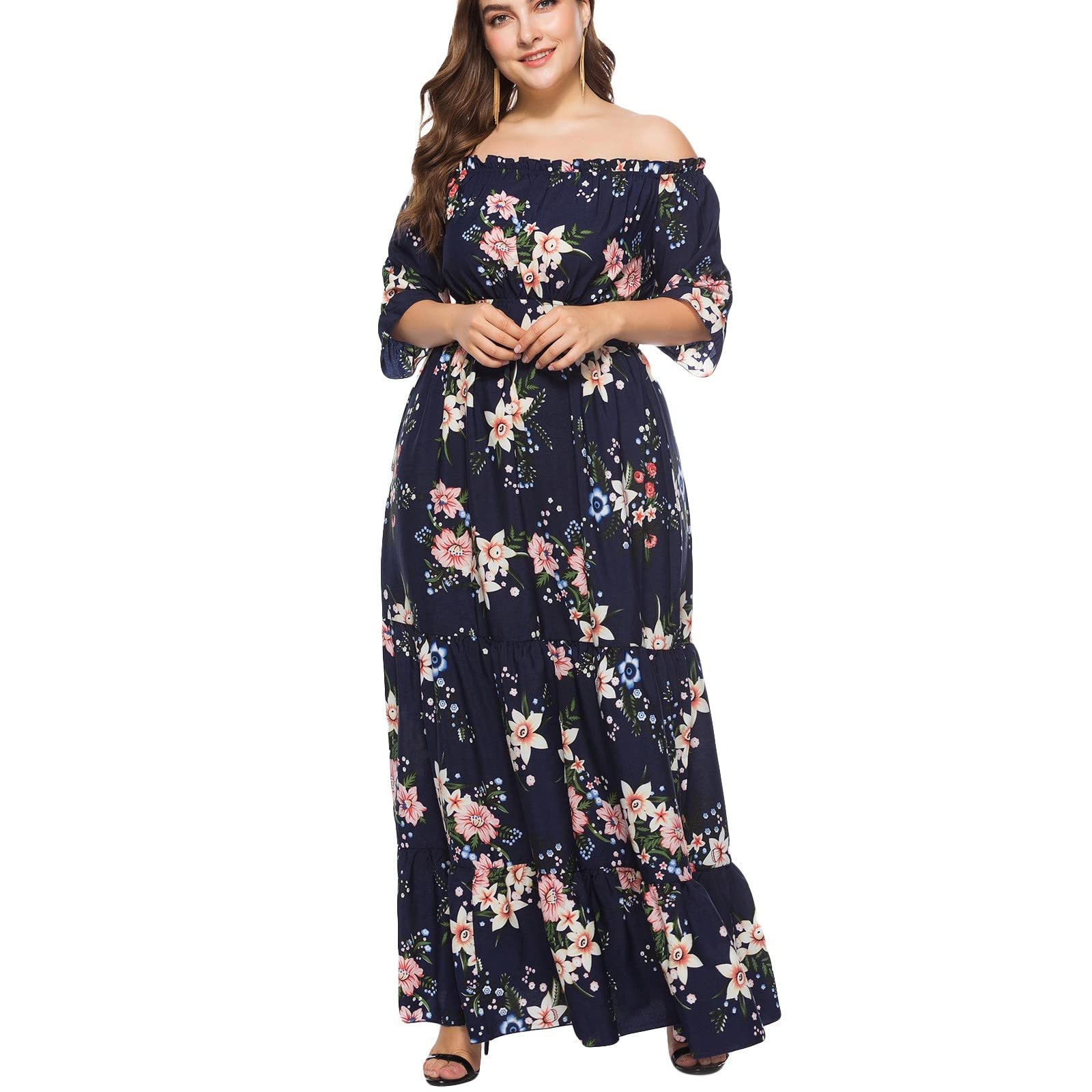 Plus Size Summer Dresses for Women - Off Shoulder Floral Ruffle Maxi Dress with Half Sleeves | Beach Wedding, Vacation & Casual Outfit