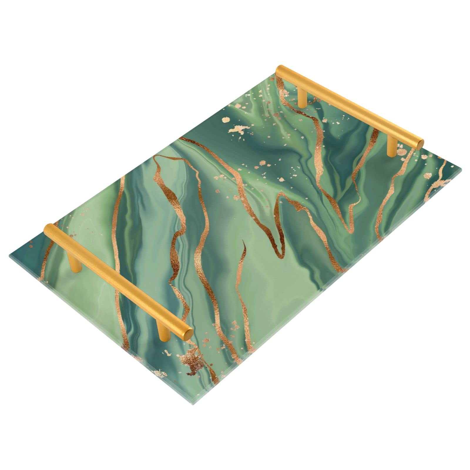 ZZKKO Green Malachite Marble Acrylic Vanity Tray with Gold Handles - Elegant Bathroom & Makeup Organizer for Countertops, Dressers, and Kitchen Tables - Perfect for Jewelry Storage, Perfume Display, and Home Decor