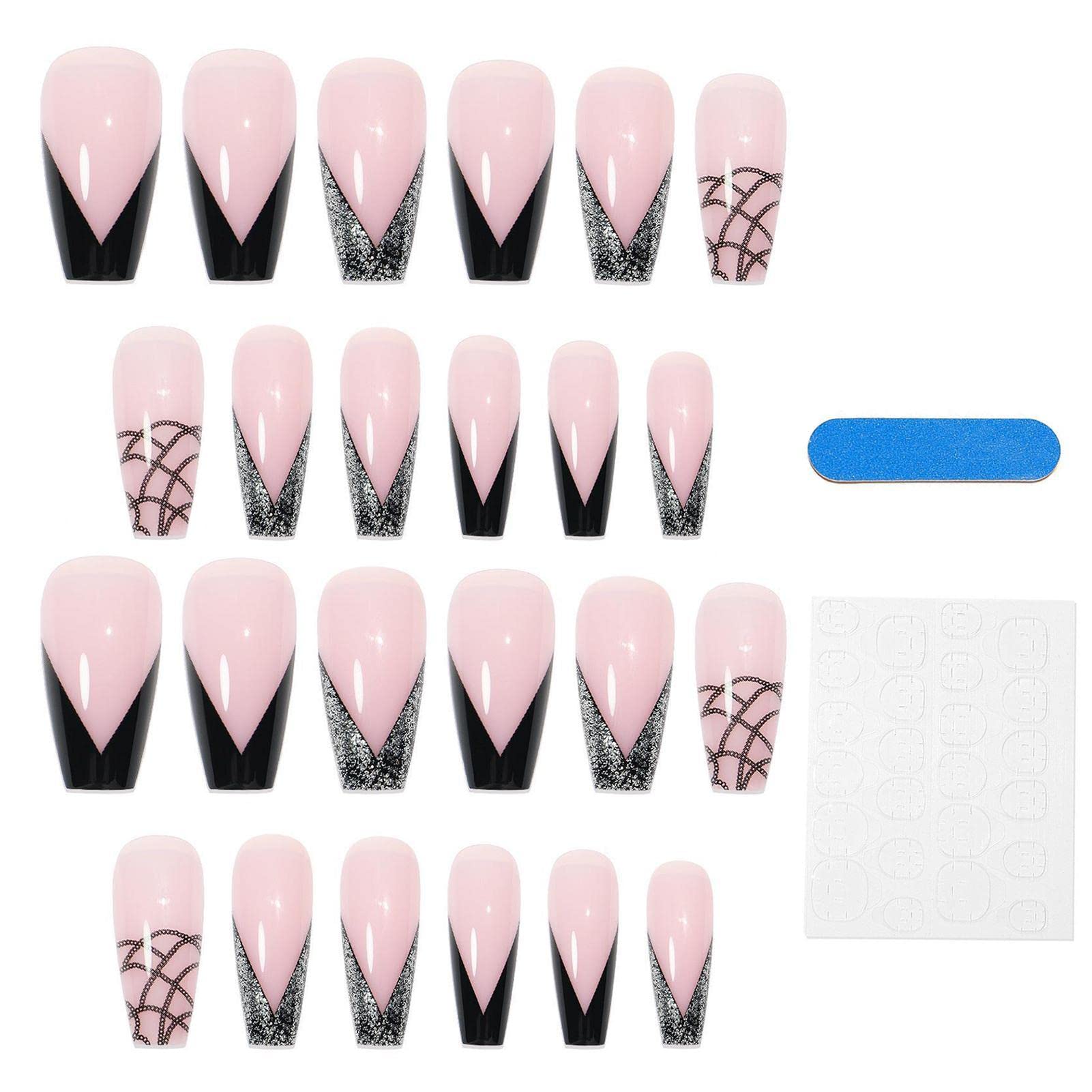 Facynde 5 Pcs Pink & Black French Snake False Nails Set - 24PCS Press on Nails with Designs, Nail Glue & Nail File - Ready to Wear Fake Nails for Women - Perfect for Parties, Weddings & Everyday Glam