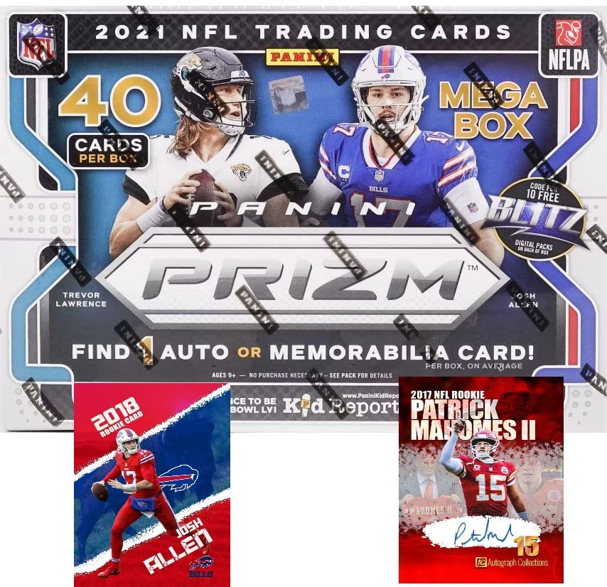2021 Panini PRIZM Football Cards Mega Box - Factory Sealed with Autograph or Jersey Card (1 Per Box) + 3 Blue Hyper PRIZMs - Includes Exclusive Josh Allen & Patrick Mahomes Cards - Perfect for NFL Collectors & Fantasy Football Fans