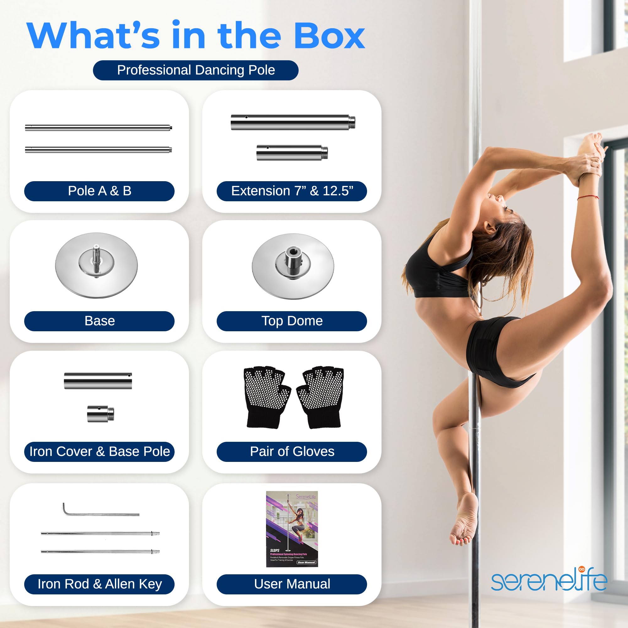 SereneLife 45mm Professional Spinning Dance Pole - Portable Fitness Pole with Durable Steel Construction & Anti-Rust Finish for Home, Club, Gym, Party | Perfect for Pole Dancing, Exercise, Fitness Training & Entertainment Events