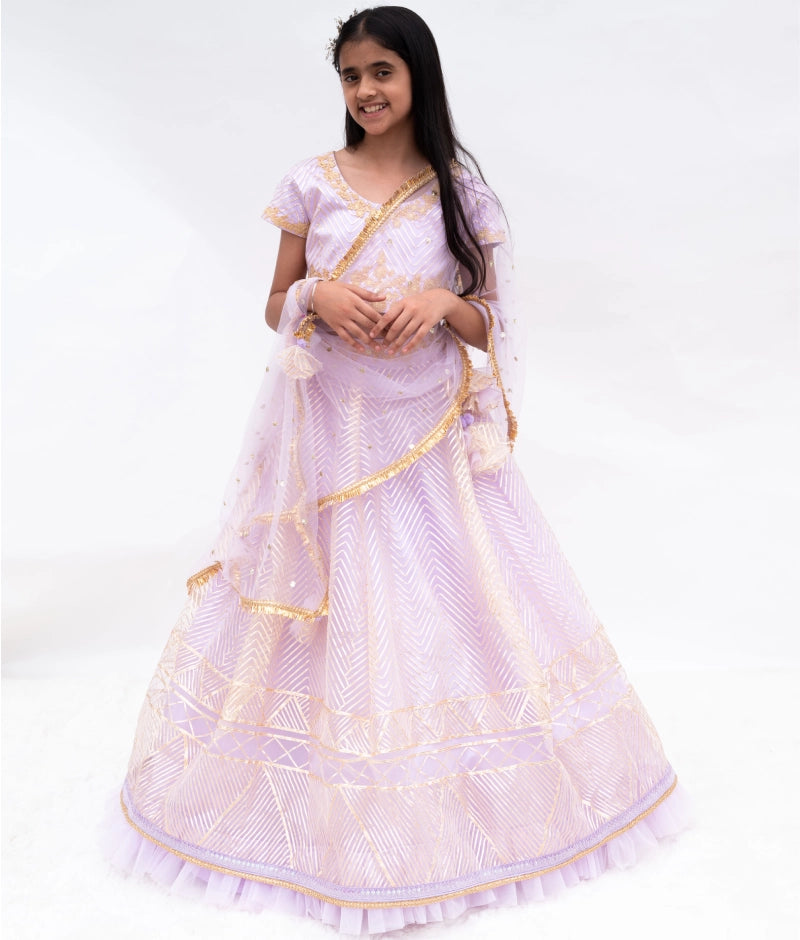 Lilac Gota Embroidery Lehenga Set with Choli & Net Dupatta - Indian Bridal Wear for Weddings, Festivals & Special Occasions