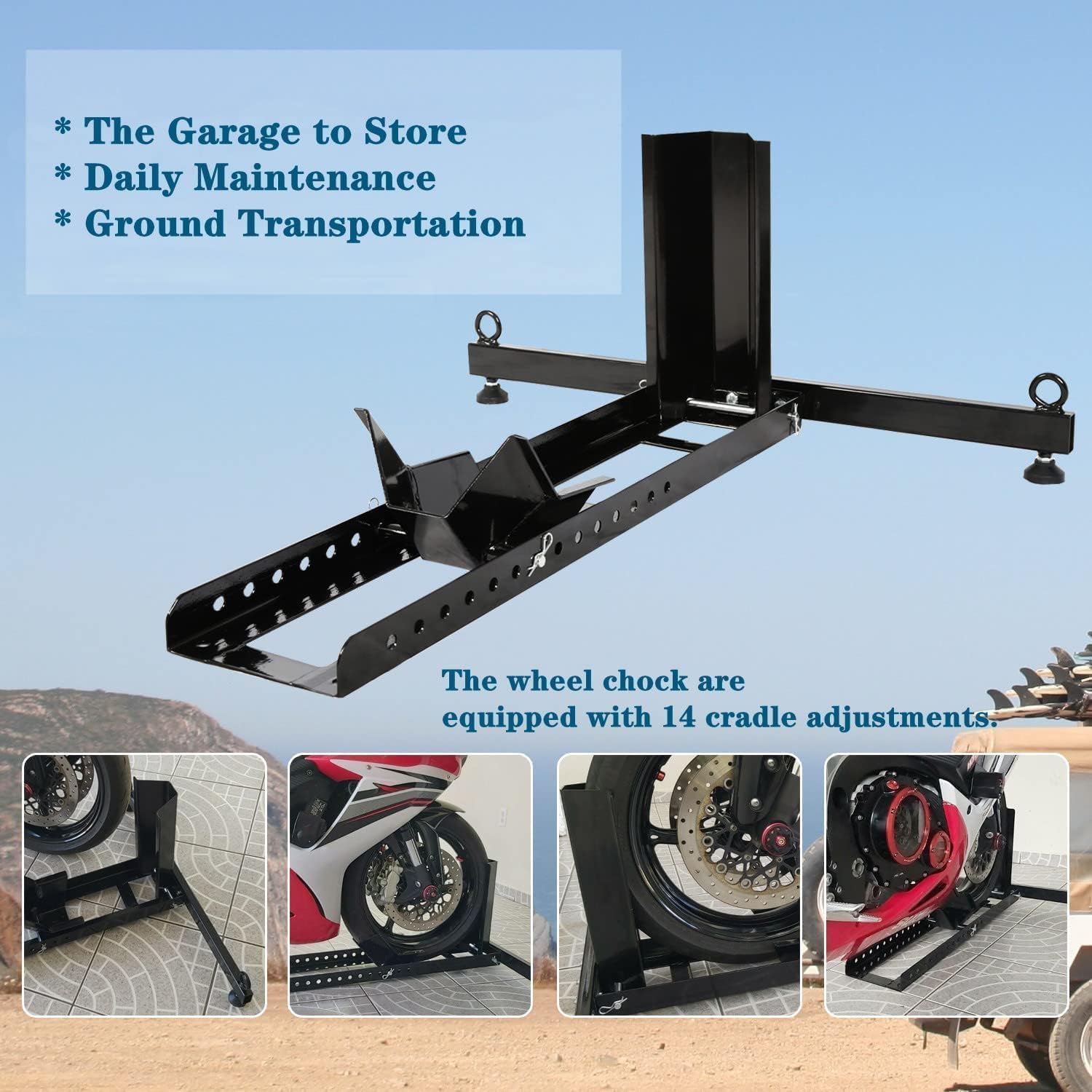 Heavy Duty Adjustable Motorcycle Wheel Chock Stand - 1800lbs Capacity, 3