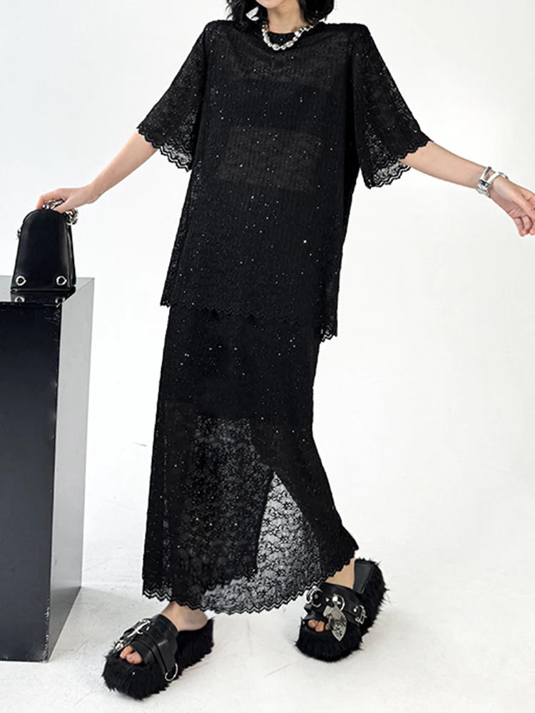 Black Lace T-Shirt & Back Slit Skirt 2-Piece Set - Round Neck Short Sleeve Women's Fashion Outfit for Spring Summer 2025 | Casual Wear, Date Night, Office Attire