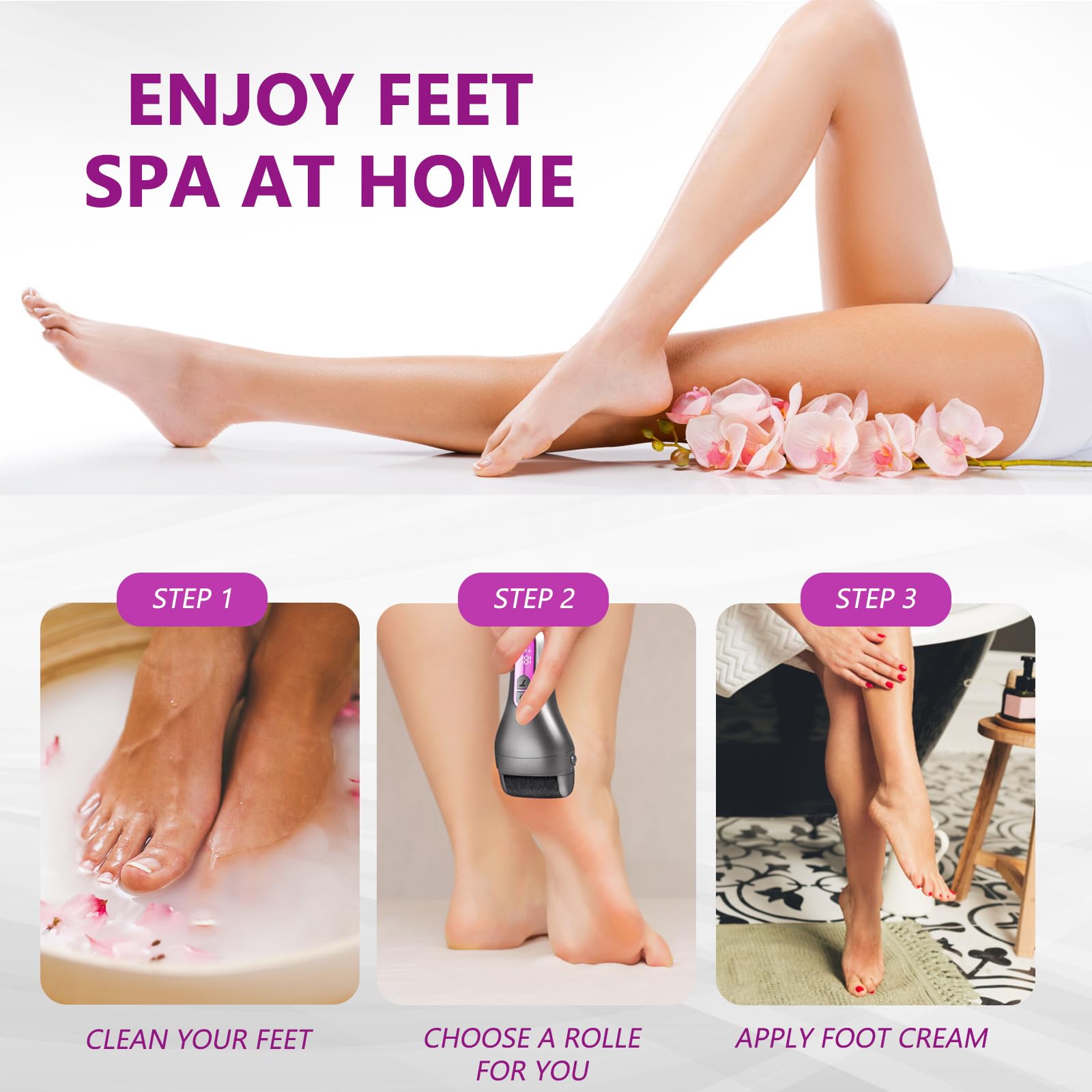 Electric Foot Callus Remover - Rechargeable Pedicure Tool with 3 Replaceable Rollers, Waterproof Foot File for Dead Skin Removal & Smooth Heels | Perfect for At-Home Pedicures, Foot Care & Soft Skin Maintenance