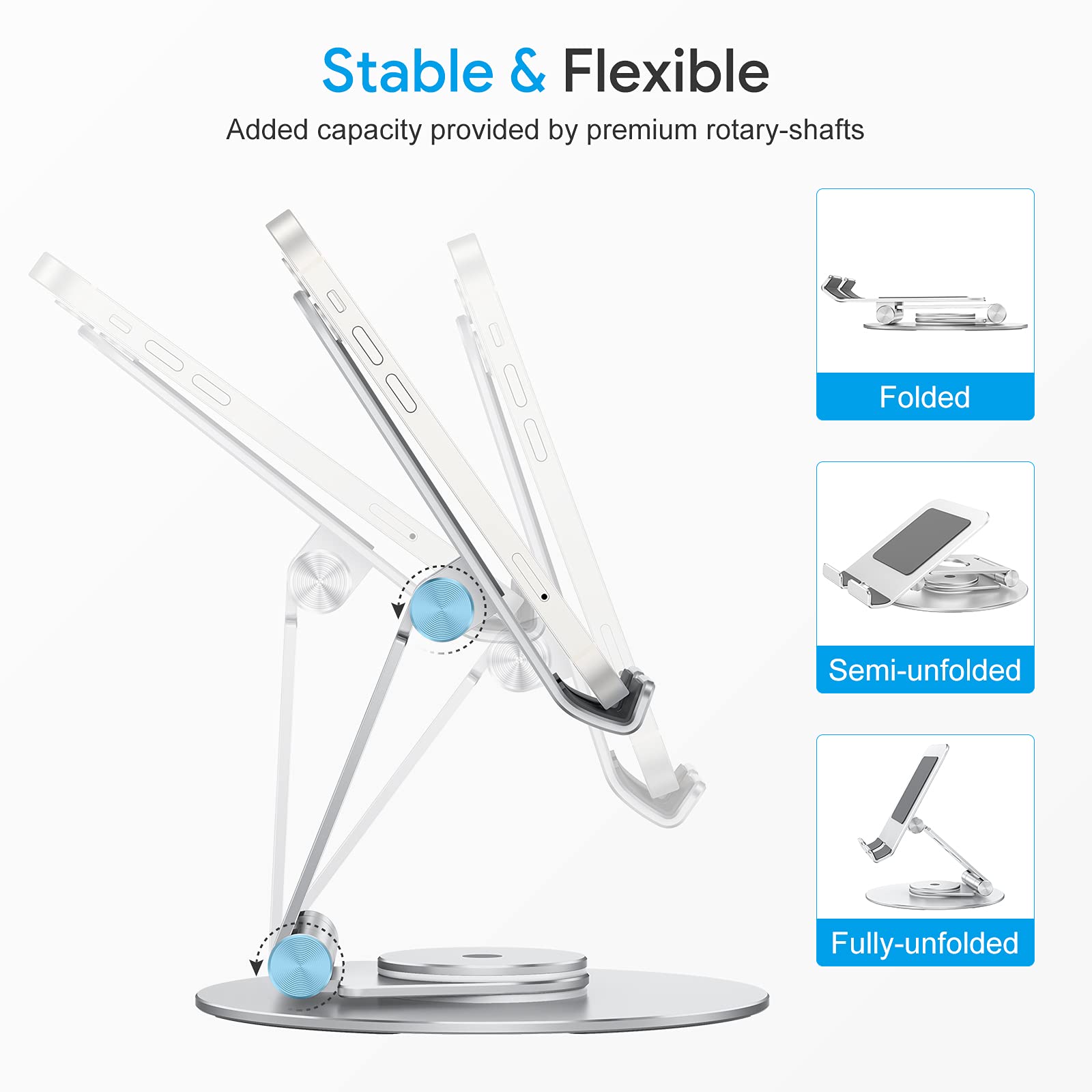 OMOTON 360° Rotating Swivel Tablet Stand - Adjustable & Foldable iPad Holder for iPad Pro/Air/Mini, Drawing, Watching Videos & Reading - Silver (Ideal for Home, Office & Travel Use)